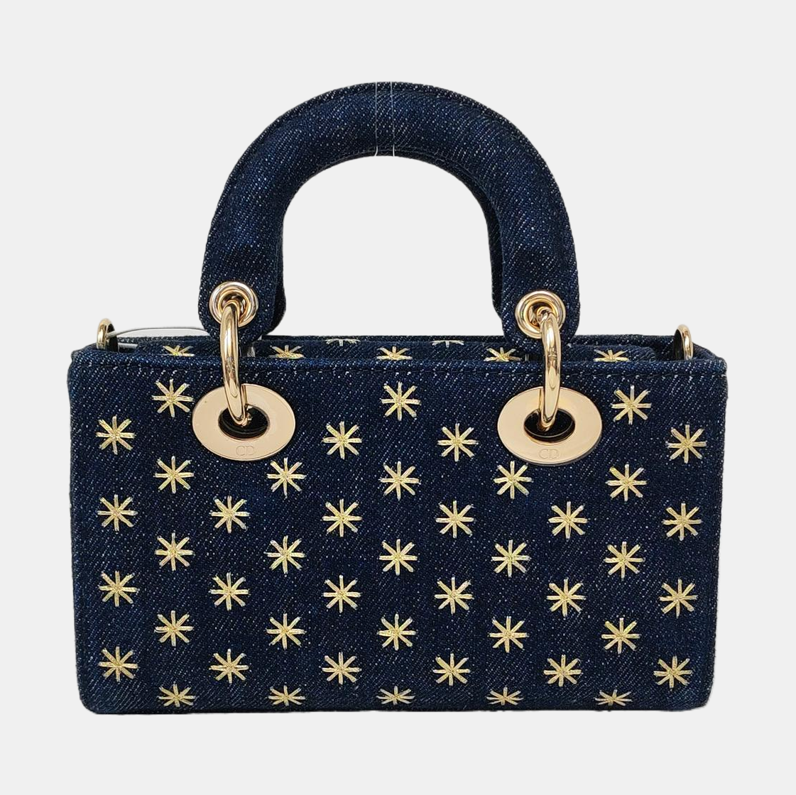 DIOR Lady D-Joy Super Mini Blue Denim Embroidered Crossbody Shoulder Bag Tote Bag Golden Hardware 2 Removable Shoulder Straps Complete Accessories-(SKU)-965662345