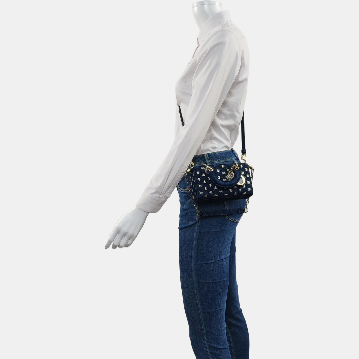 DIOR Lady D-Joy Super Mini Blue Denim Embroidered Crossbody Shoulder Bag Tote Bag Golden Hardware 2 Removable Shoulder Straps Complete Accessories-(SKU)-965662345
