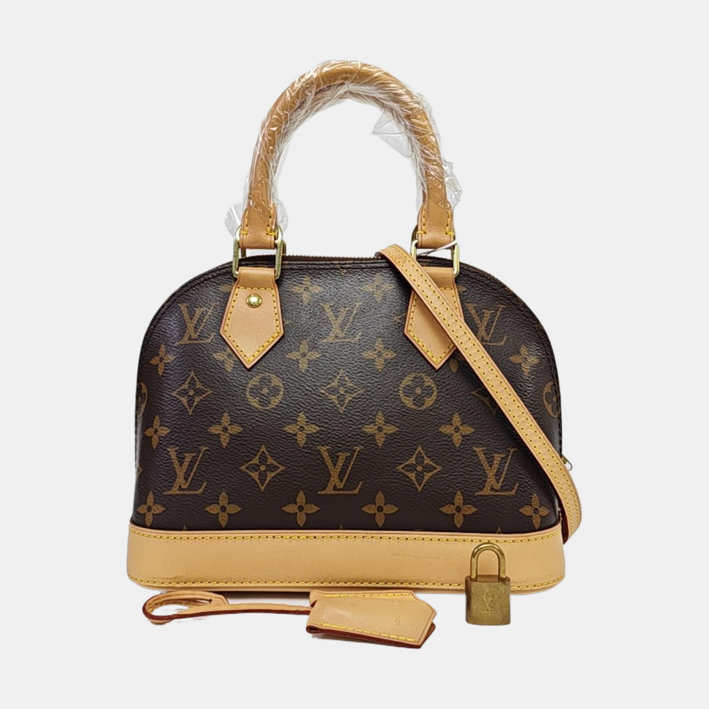 LOUIS VUITTON ALMA BB Brown Coated Canvas Monogram Vernis Shell Bag Single Shoulder Bag Tote Bag Crossbody Bag Gold Hardware Removable Shoulder Strap-(SKU)-963383316