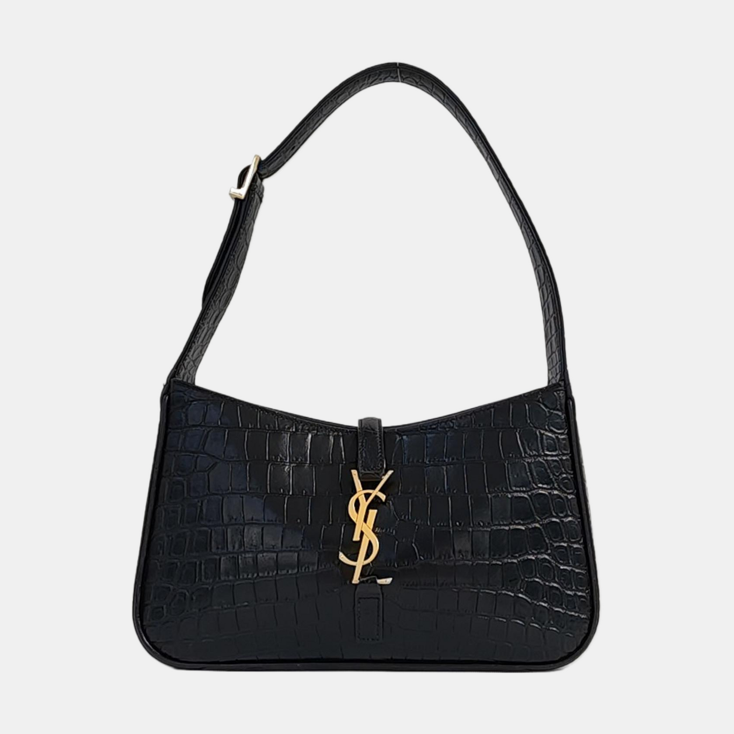 YSL LE 5 À 7 Black Calf Leather Crocodile Embossed Handbag Single Shoulder Bag Golden Hardware-(SKU)-965773000