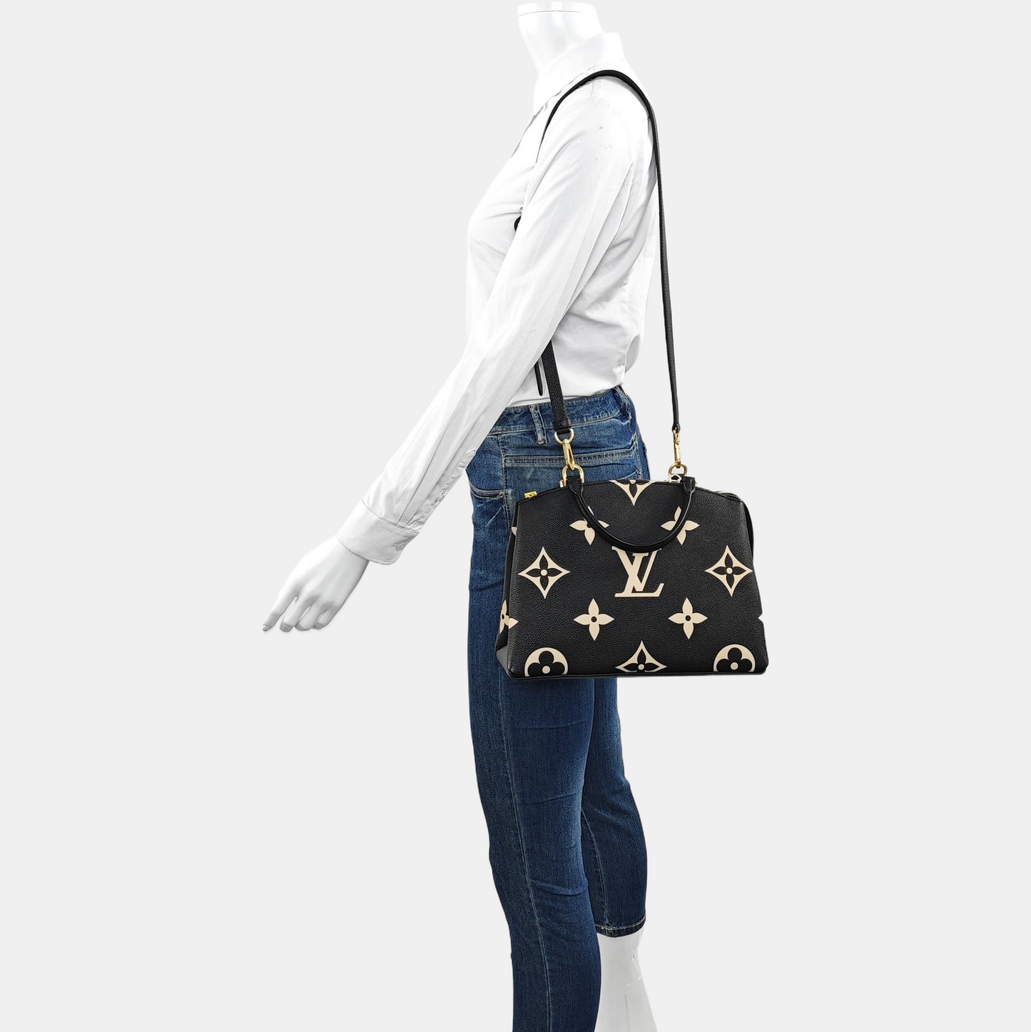 LOUIS VUITTON PALAIS Small Black Leather Monogram Embossed Crossbody Shoulder Bag Handbag Tote Bag Golden Hardware Removable Strap-(SKU)-965877183