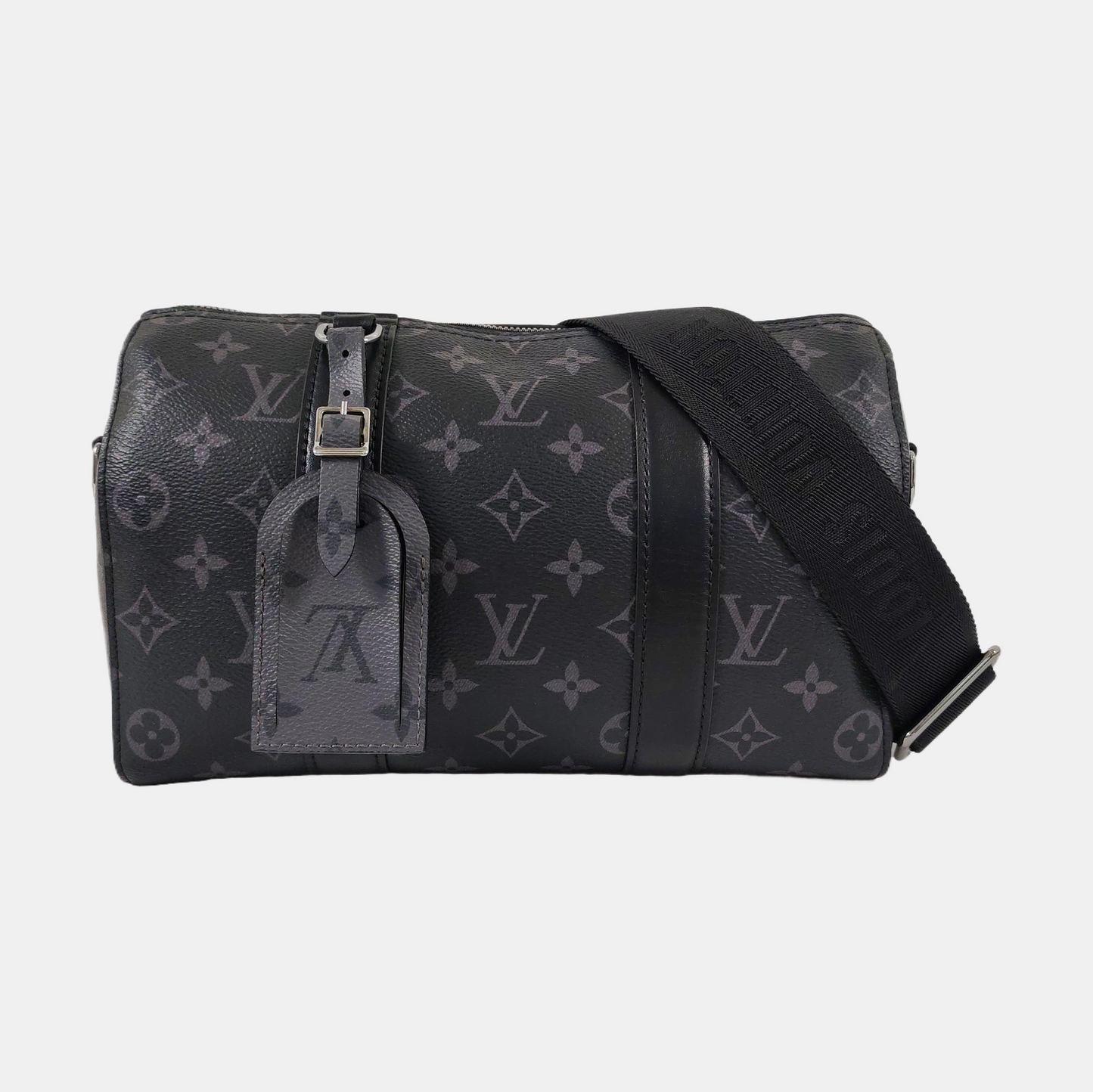LOUIS VUITTON KEEPALL Black Coated Canvas Monogram Black Samurai Crossbody Bag Shoulder Bag Silver Hardware Removable Strap-(SKU)-965838556