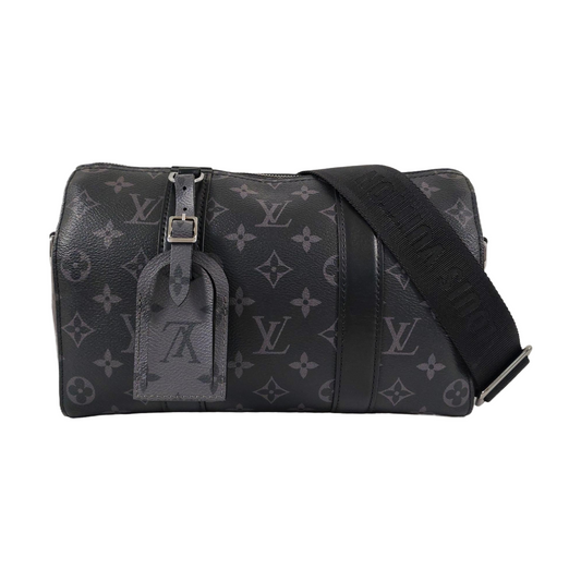 LOUIS VUITTON KEEPALL Black Coated Canvas Monogram Black Samurai Crossbody Bag Shoulder Bag Silver Hardware Removable Strap-(SKU)-965838556