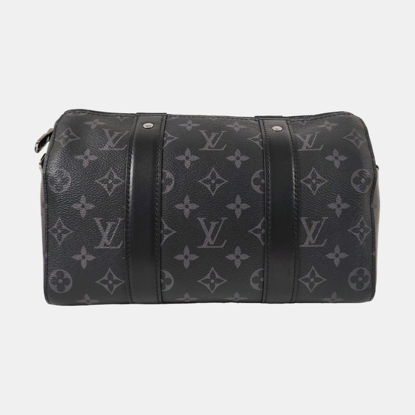 LOUIS VUITTON KEEPALL Black Coated Canvas Monogram Black Samurai Crossbody Bag Shoulder Bag Silver Hardware Removable Strap-(SKU)-965838556