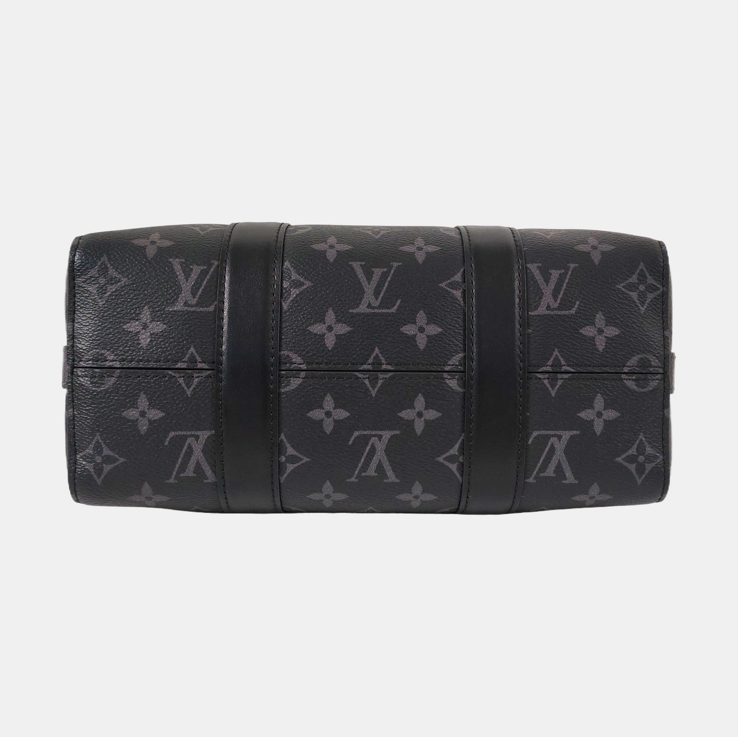 LOUIS VUITTON KEEPALL Black Coated Canvas Monogram Black Samurai Crossbody Bag Shoulder Bag Silver Hardware Removable Strap-(SKU)-965838556