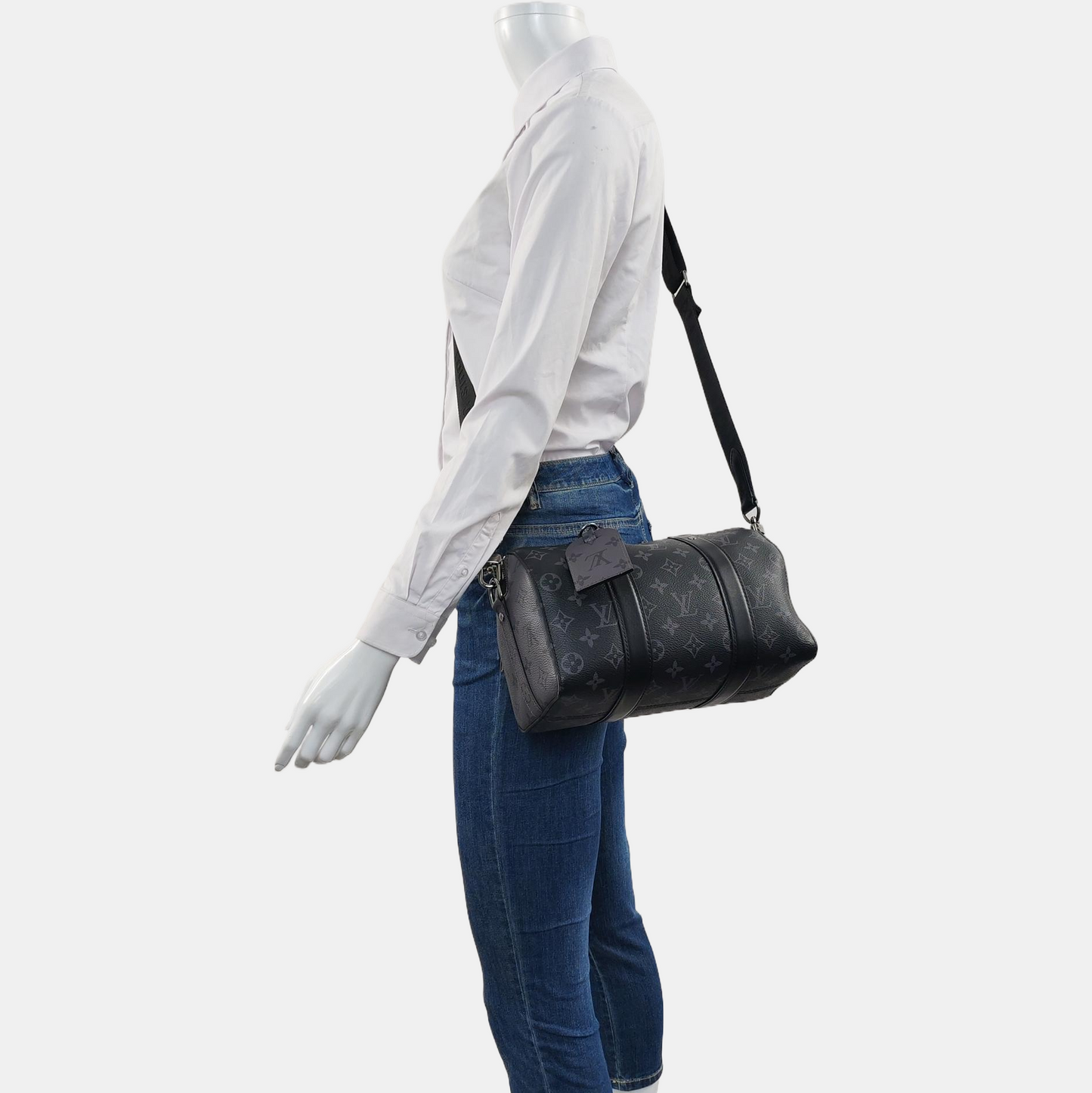 LOUIS VUITTON KEEPALL Black Coated Canvas Monogram Black Samurai Crossbody Bag Shoulder Bag Silver Hardware Removable Strap-(SKU)-965838556