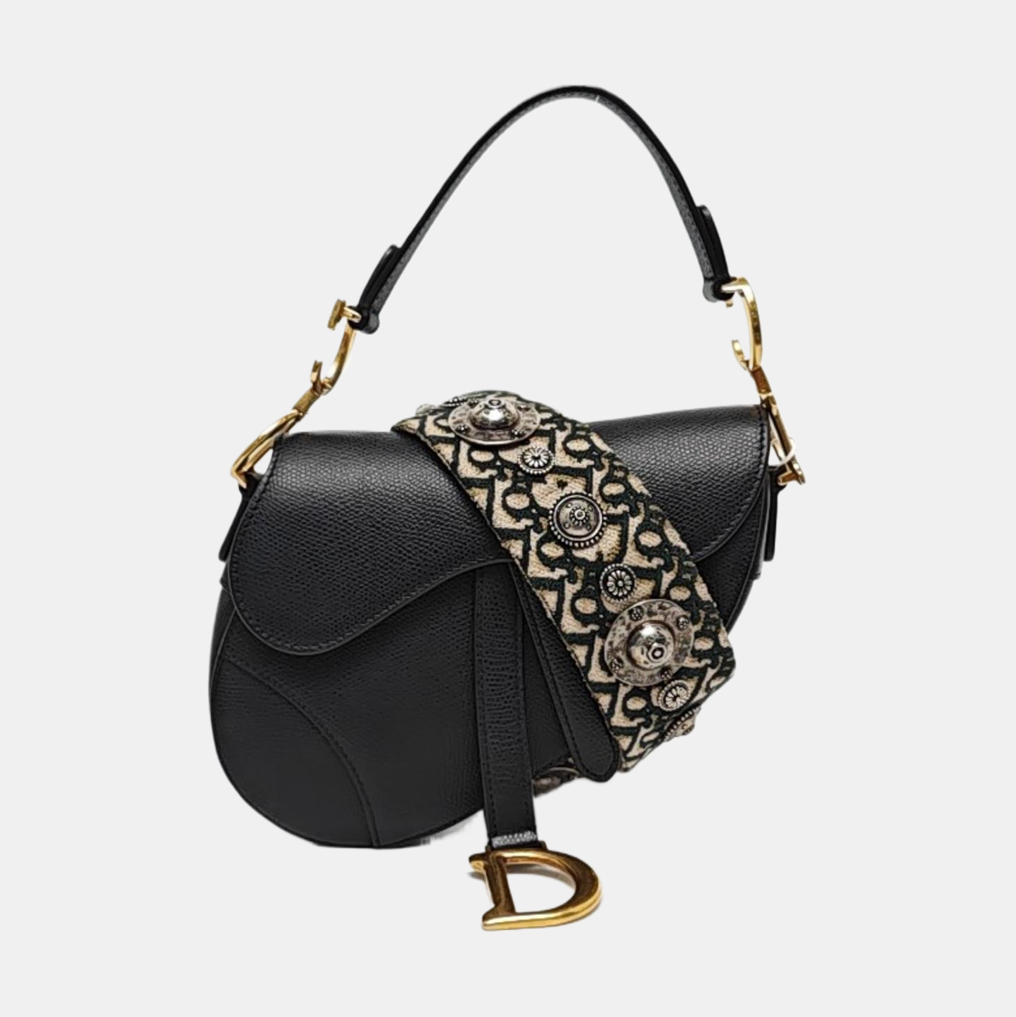 DIOR Saddle Mini Black Leather Saddle Bag Shoulder Bag Crossbody Bag Tote Bag Golden Hardware Removable Strap-(SKU)-964856493