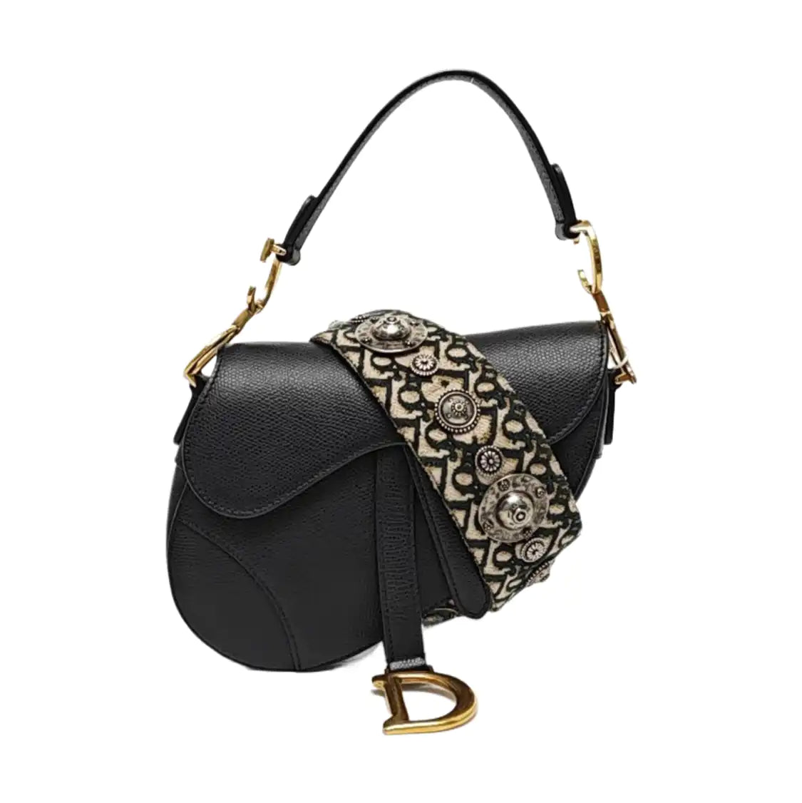 DIOR Saddle Mini Black Leather Saddle Bag Shoulder Bag Crossbody Bag Tote Bag Golden Hardware Removable Strap-(SKU)-964856493