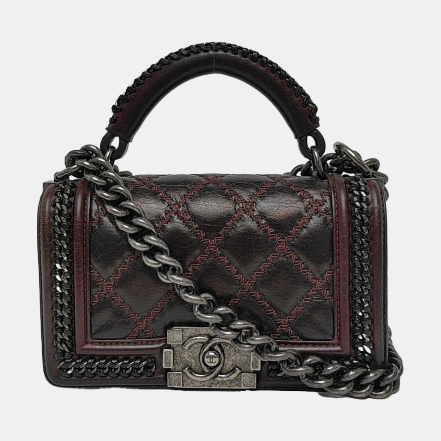 CHANEL BOY CHANEL Small Burgundy Calfskin Quilted Shoulder Bag Tote Crossbody Bag with Detachable Strap Rhodium Hardware 21 Compartments-(SKU)-965756203