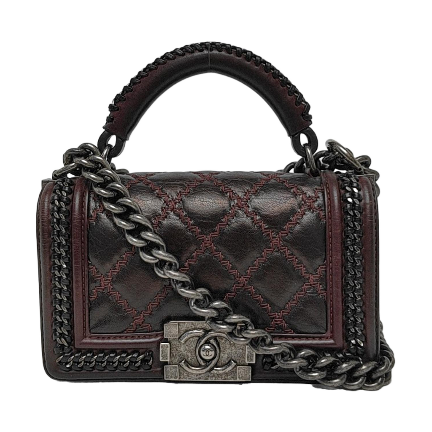CHANEL BOY CHANEL Small Burgundy Calfskin Quilted Shoulder Bag Tote Crossbody Bag with Detachable Strap Rhodium Hardware 21 Compartments-(SKU)-965756203