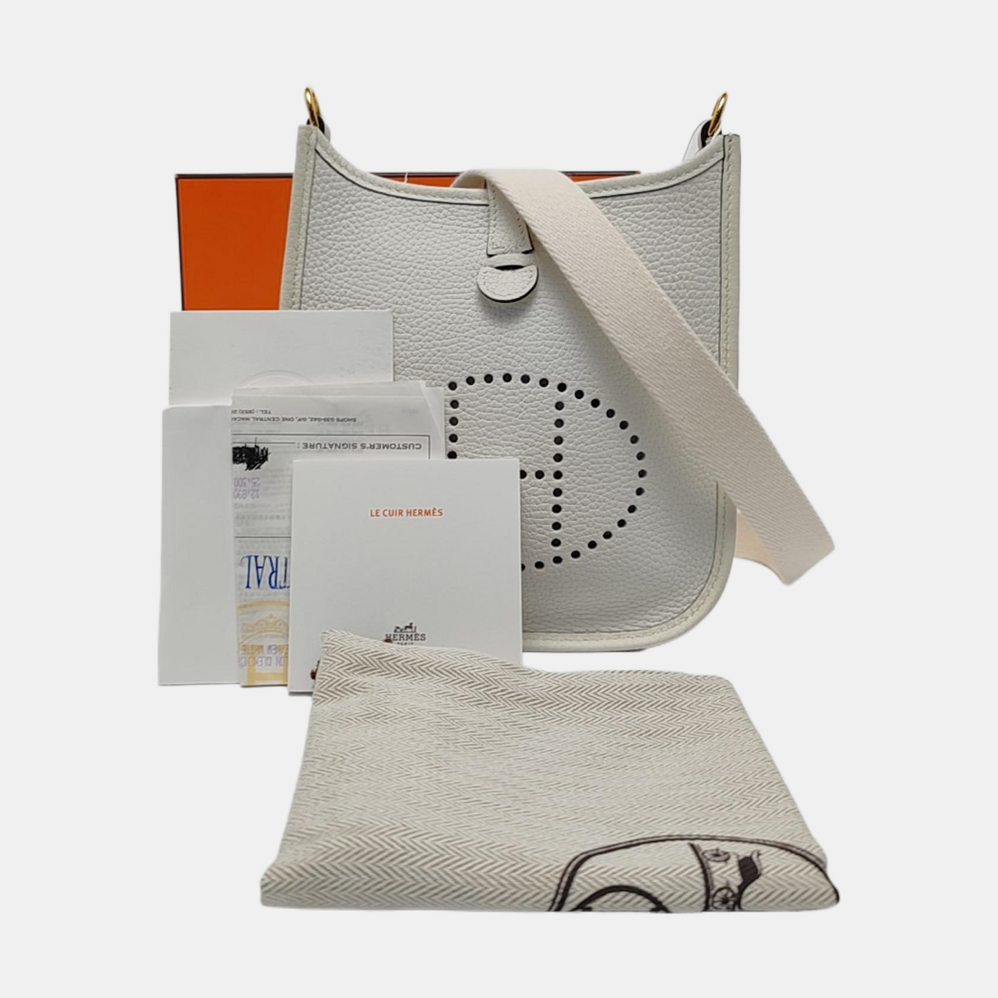 HERMÈS Evelyne New White Clemence Leather Cutout Shoulder Bag Crossbody Bag Handbag Golden Hardware Removable Shoulder Strap Accessories Included-(SKU)-961613052