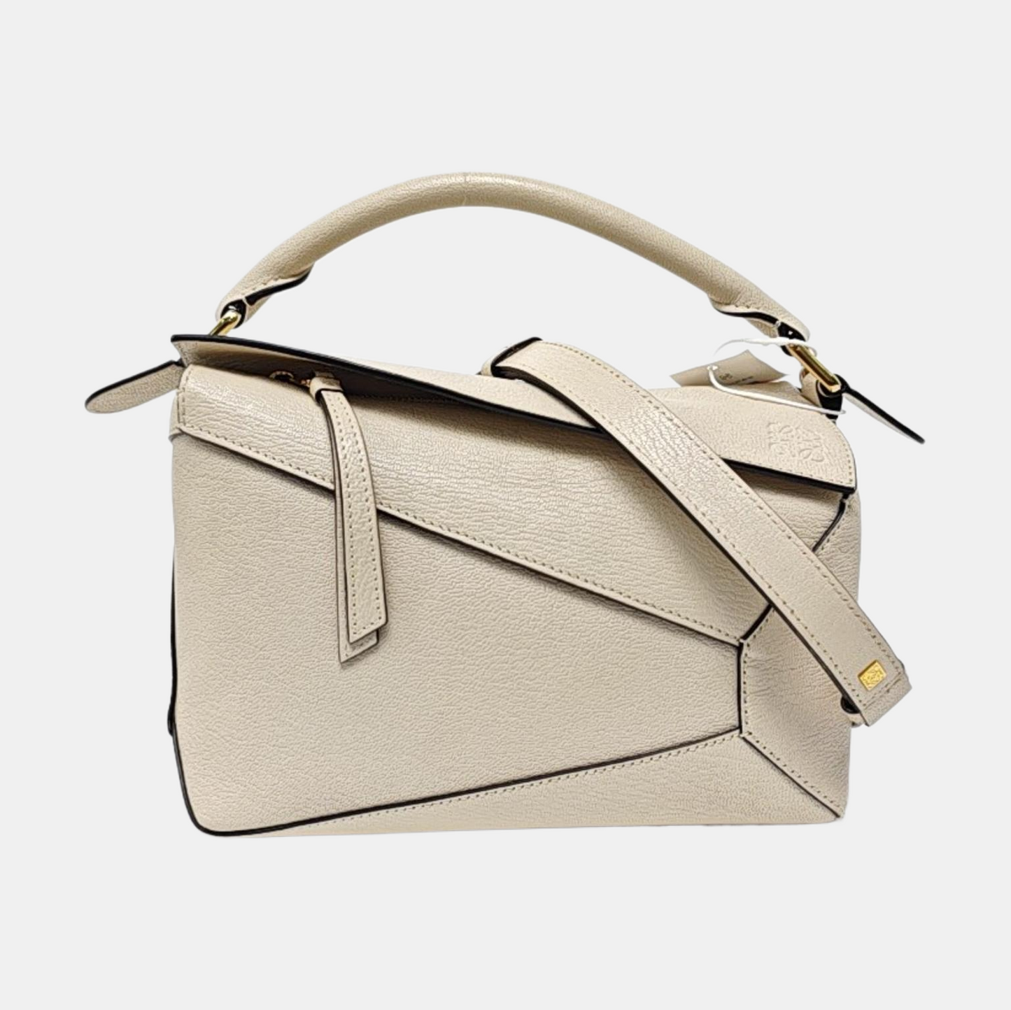 LOEWE Puzzle Small White Lamb Skin Geometric Shoulder Bag Crossbody Tote with Removable Strap-(SKU)-966123695