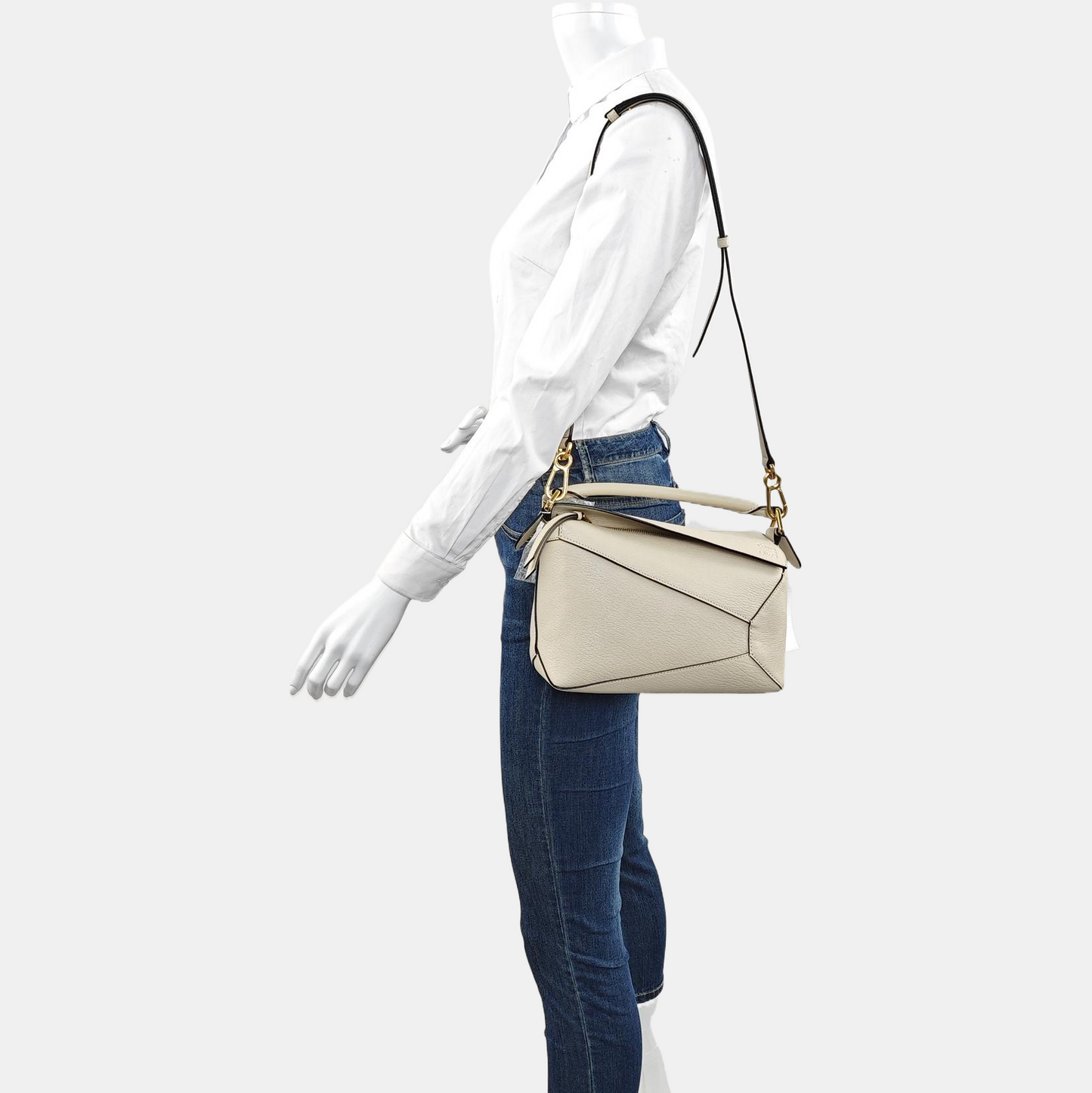LOEWE Puzzle Small White Lamb Skin Geometric Shoulder Bag Crossbody Tote with Removable Strap-(SKU)-966123695