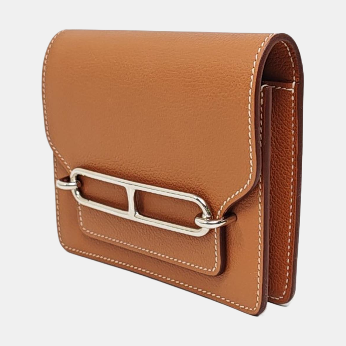 HERMÈS Roulis Gold Brown Evercolor Calfskin Wallet Silver Hardware U Sub-pockets-(SKU)-966024650