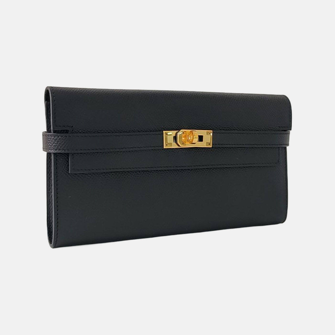 HERMÈS Kelly, black Epsom leather wallet, gold hardware, C, external stitching-(SKU)-966027449