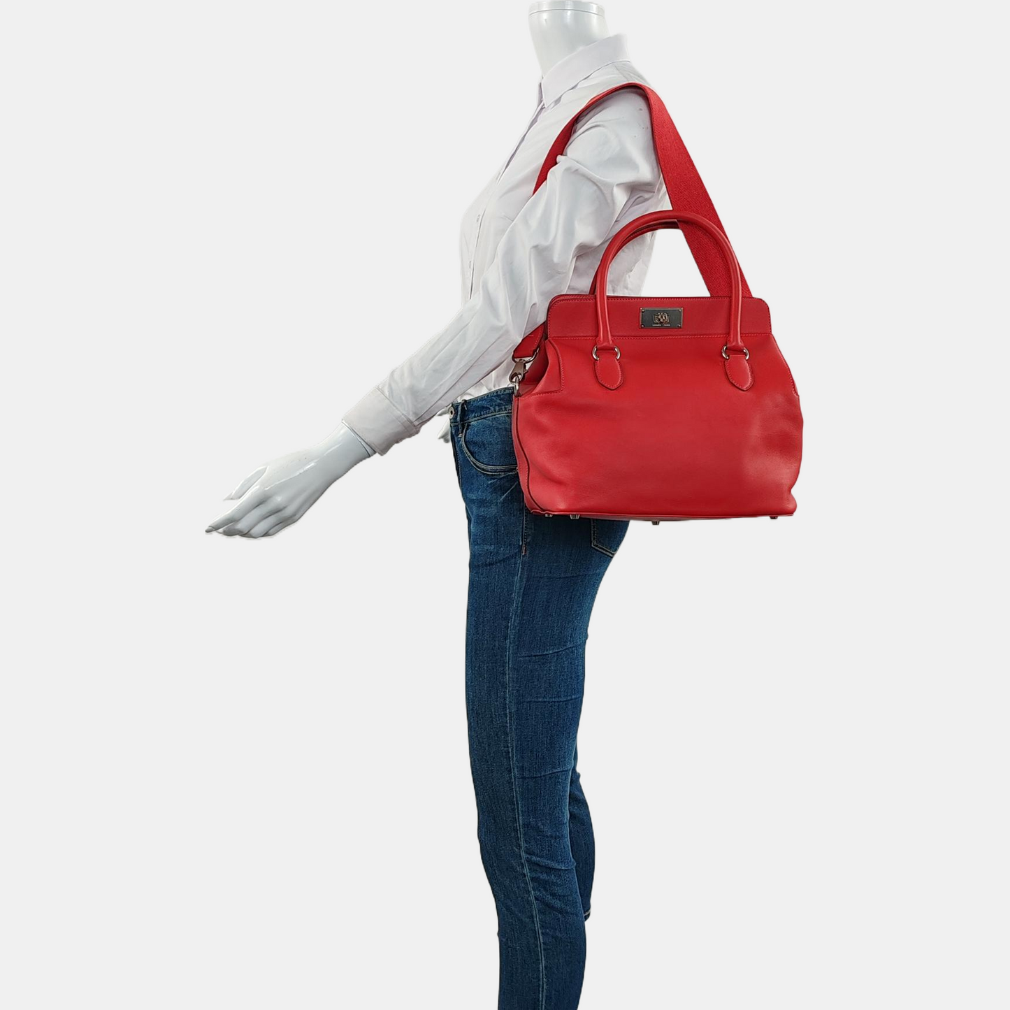 HERMÈS Toolbox 26 Peony Red Evercolor Leather Shoulder Bag Tote Crossbody Bag with Silver Hardware and Removable Strap-(SKU)-966025758