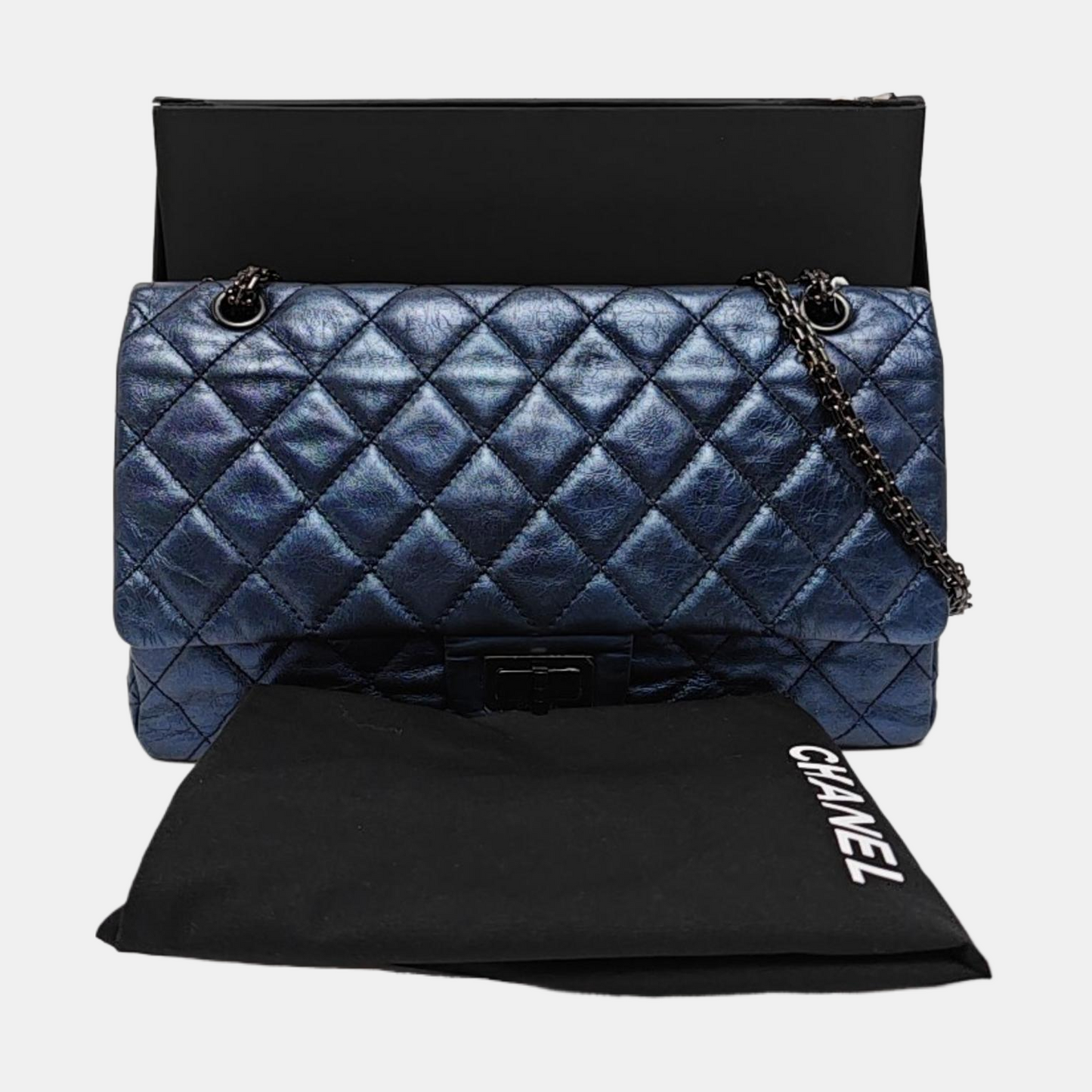 CHANEL 2.55 Maxi Super Large Blue Lamb Leather Quilted Single Shoulder Bag Crossbody Bag Black Hardware 12 Clasp-(SKU)-966137551
