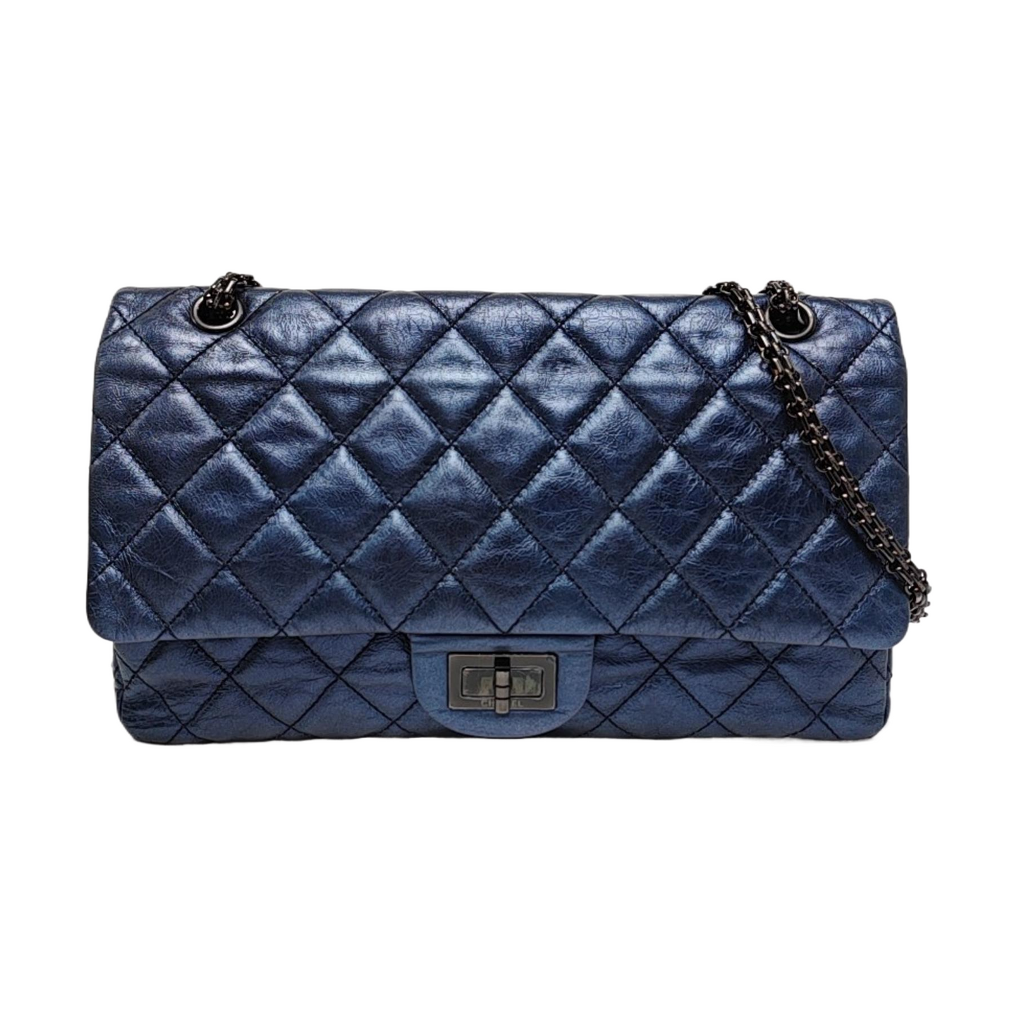 CHANEL 2.55 Maxi Super Large Blue Lamb Leather Quilted Single Shoulder Bag Crossbody Bag Black Hardware 12 Clasp-(SKU)-966137551