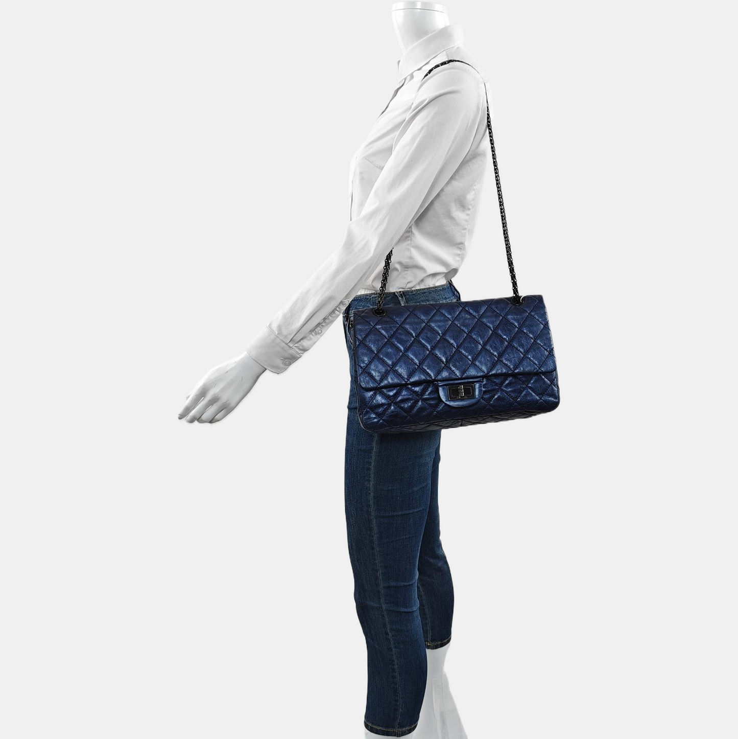 CHANEL 2.55 Maxi Super Large Blue Lamb Leather Quilted Single Shoulder Bag Crossbody Bag Black Hardware 12 Clasp-(SKU)-966137551