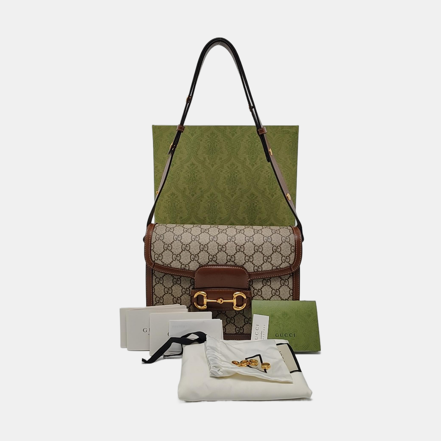 GUCCI Horsebit 1955 Small Beige Coated Canvas Monogram Saddle Bag with Gold Hardware, Complete Accessories-(SKU)-966125952