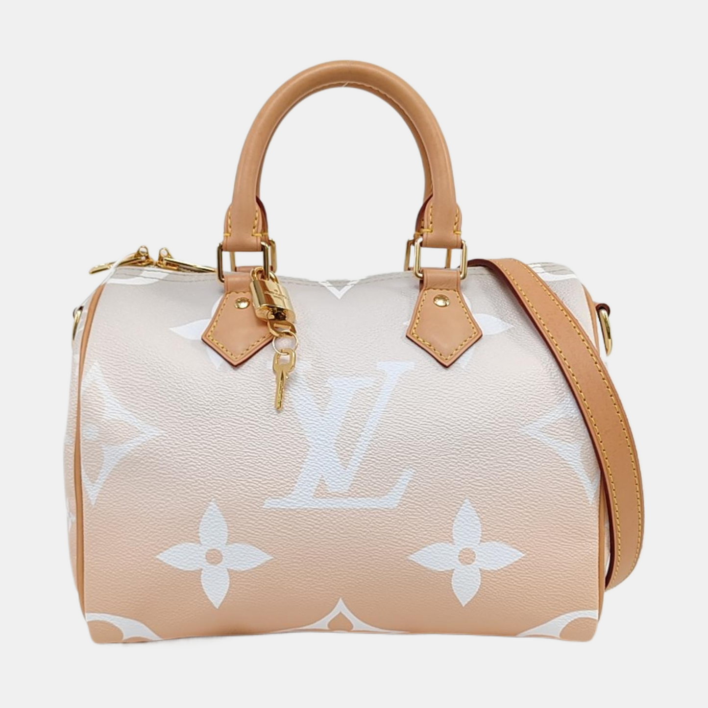 LOUIS VUITTON SPEEDY 25 Apricot Coated Canvas Monogram Boston Bag Crossbody Shoulder Bag Sling Bag Gold Hardware Removable Strap-(SKU)-966306209