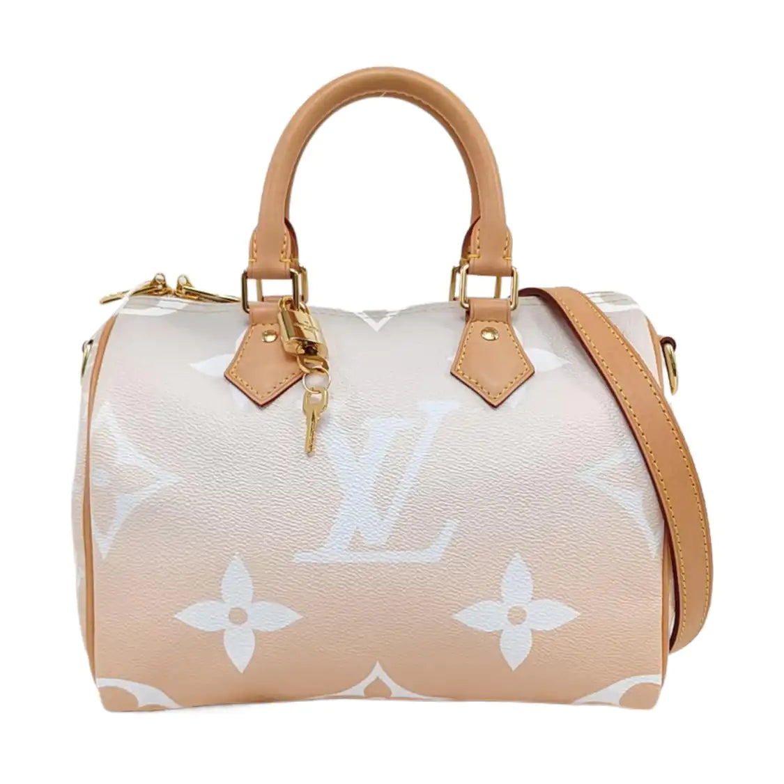 LOUIS VUITTON SPEEDY 25 Apricot Coated Canvas Monogram Boston Bag Crossbody Shoulder Bag Sling Bag Gold Hardware Removable Strap-(SKU)-966306209