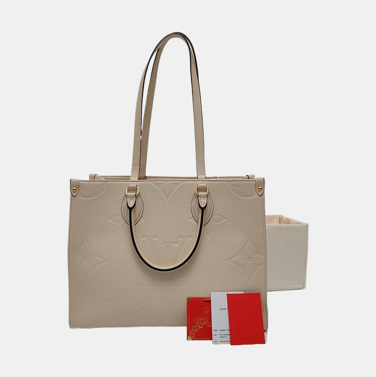 LOUIS VUITTON ONTHEGO Medium-sized Beige Leather Monogram Embossed Jungle Bag Shoulder Bag Tote Bag Golden Hardware-(SKU)-966297097
