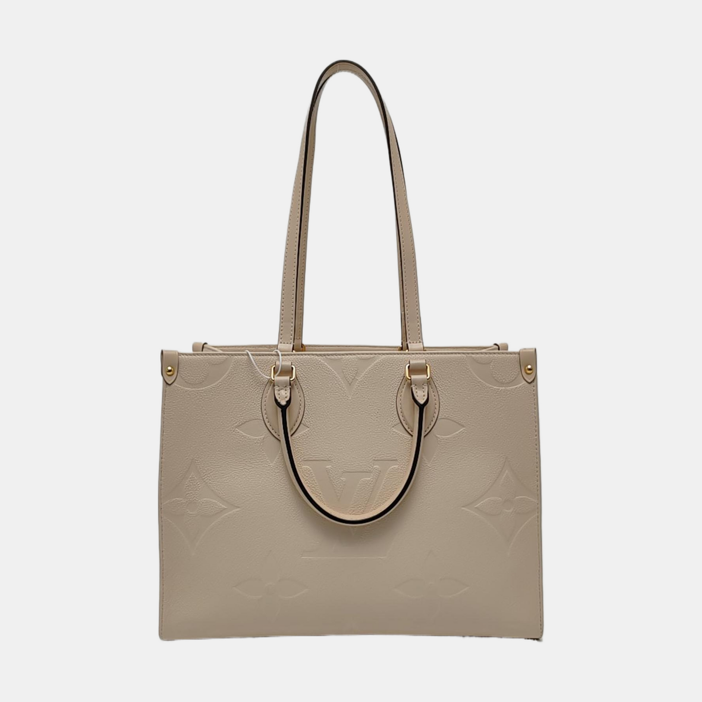 LOUIS VUITTON ONTHEGO Medium-sized Beige Leather Monogram Embossed Jungle Bag Shoulder Bag Tote Bag Golden Hardware-(SKU)-966297097