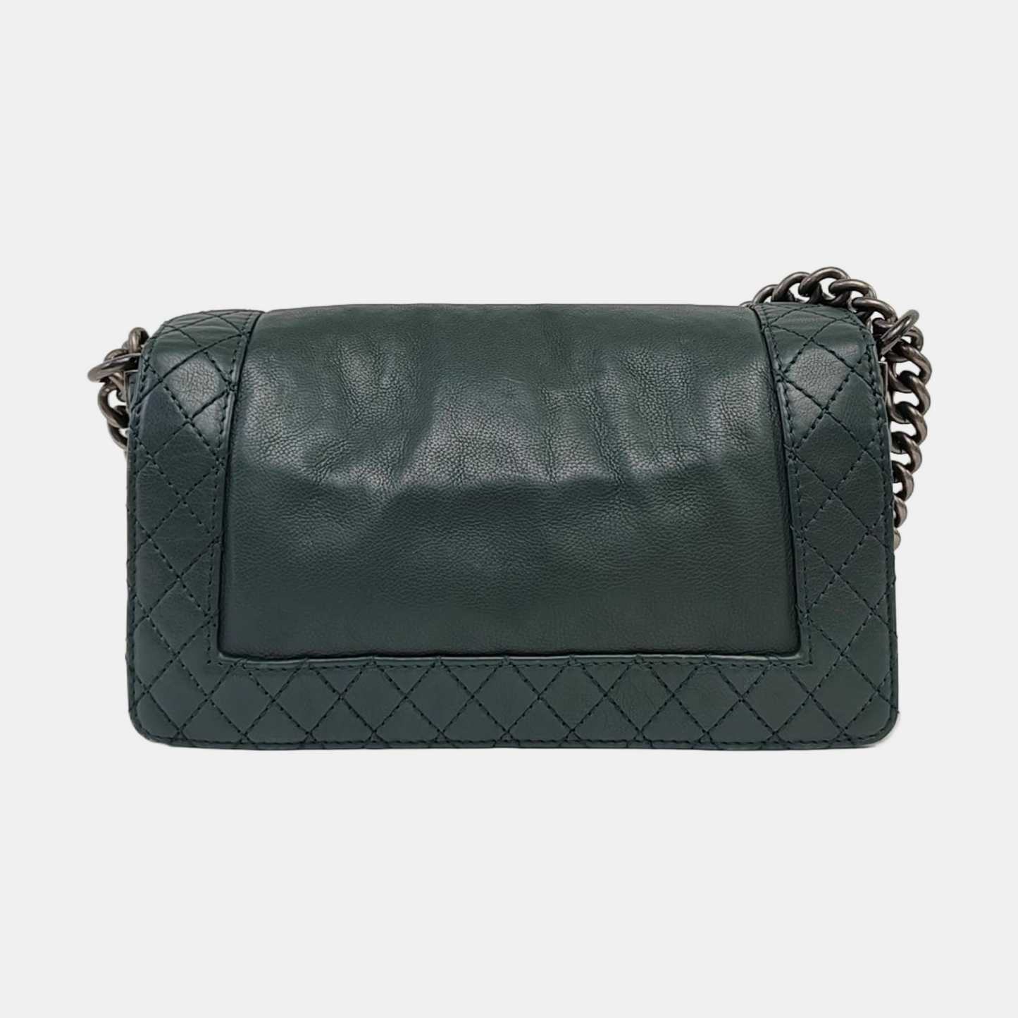 CHANEL BOY CHANEL Medium Dark Green Calfskin Leather Diamond Quilted Monogram Crossbody Shoulder Bag Rhodium Hardware 18 Clasp Removable Shoulder Strap-(SKU)-966239983