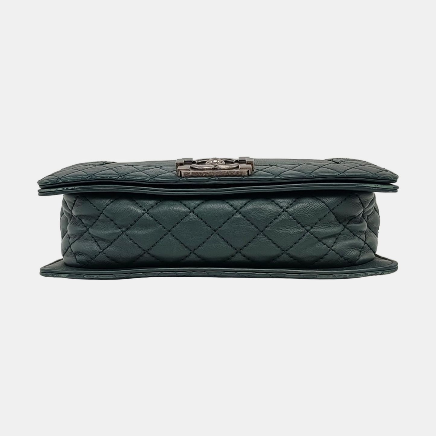 CHANEL BOY CHANEL Medium Dark Green Calfskin Leather Diamond Quilted Monogram Crossbody Shoulder Bag Rhodium Hardware 18 Clasp Removable Shoulder Strap-(SKU)-966239983