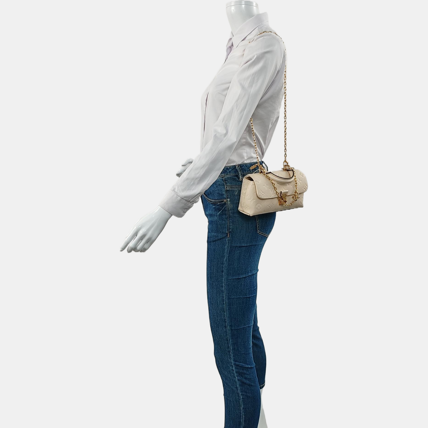 LOUIS VUITTON MADELEIN Nano White Leather Monogram Embossed Shoulder Bag Tote Bag Crossbody Bag Golden Hardware Removable Shoulder Strap Accessories Included-(SKU)-966288276