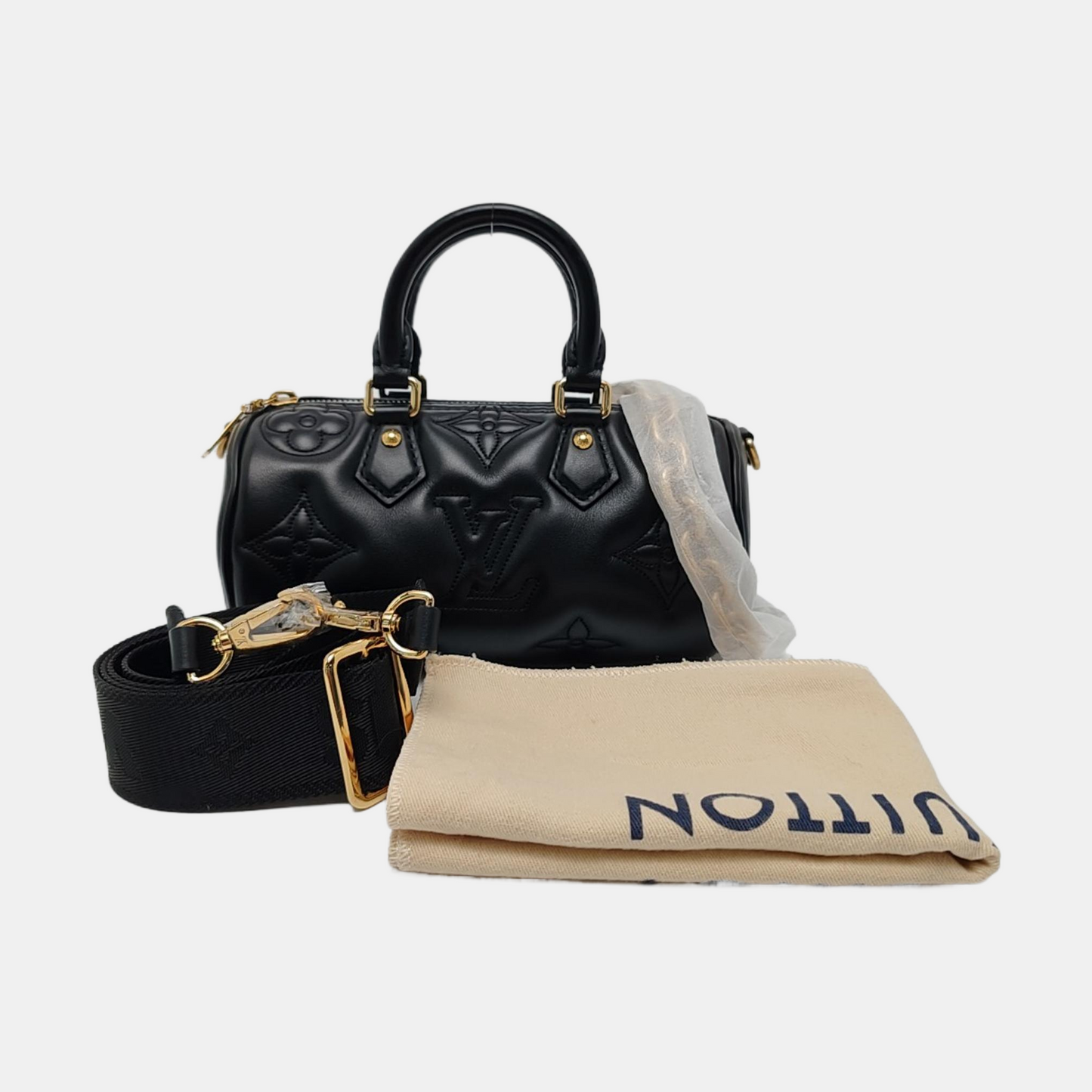 LOUIS VUITTON PAPILLON BB Black Leather Monogram Quilted Boston Bag Single Shoulder Bag, Handbag, Crossbody Bag, Gold Hardware, 2 Detachable Shoulder Straps-(SKU)-966453968