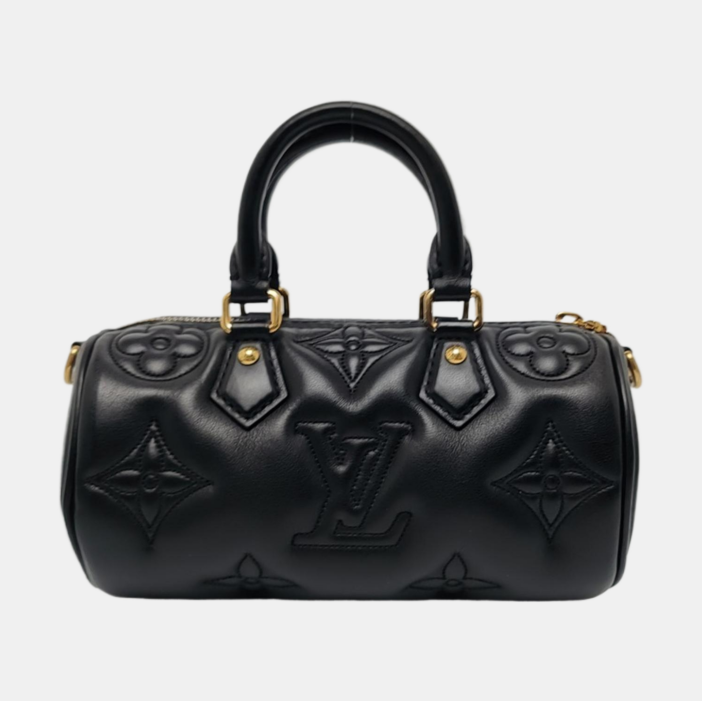 LOUIS VUITTON PAPILLON BB Black Leather Monogram Quilted Boston Bag Single Shoulder Bag, Handbag, Crossbody Bag, Gold Hardware, 2 Detachable Shoulder Straps-(SKU)-966453968