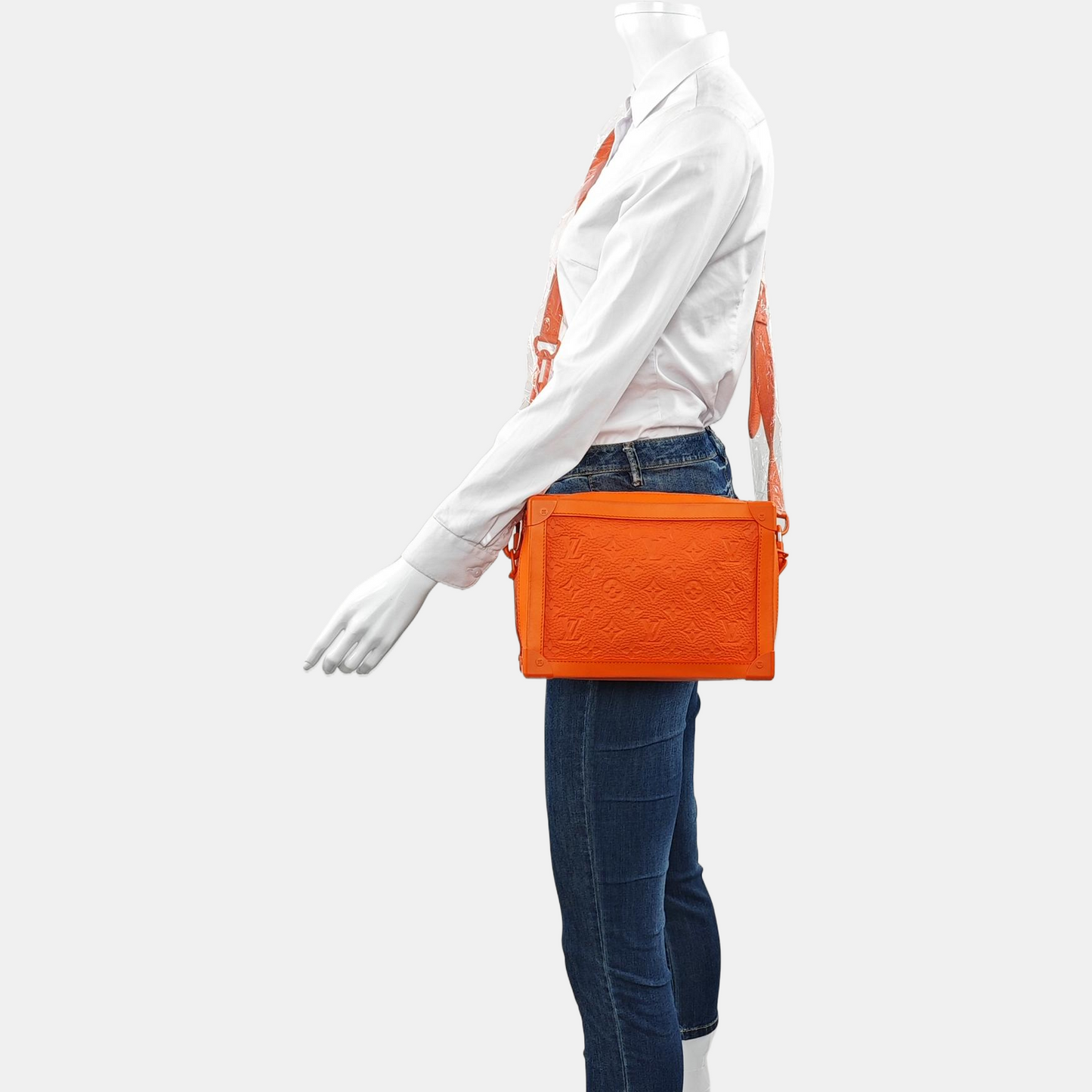 LOUIS VUITTON SOFT TRUNK Orange Leather Monogram Damier Ebene Shoulder Bag Tote Bag Crossbody Silver Hardware Removable Shoulder Strap-(SKU)-966422103