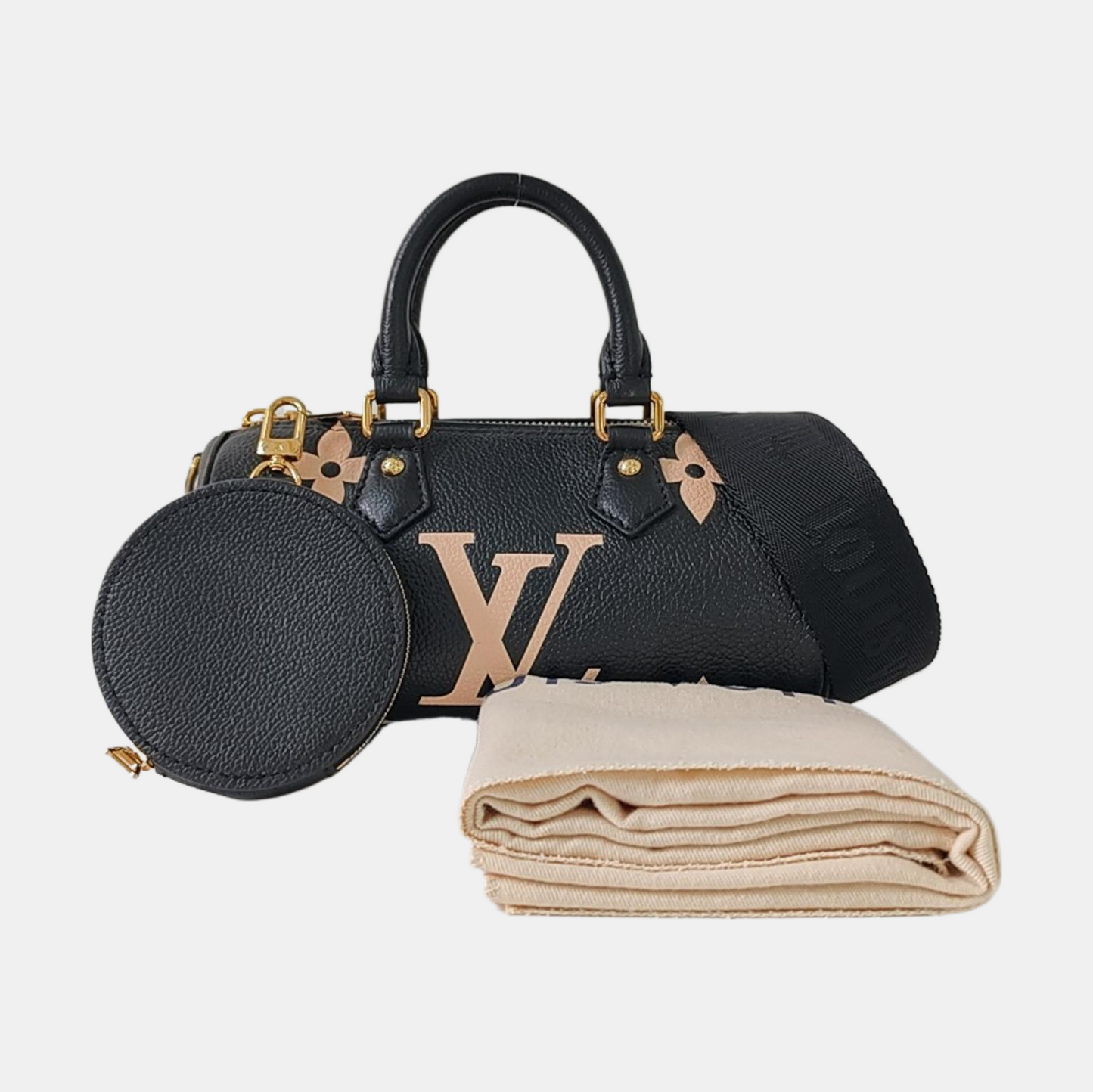 LOUIS VUITTON PAPILLON BB Black Calfskin Monogram Papillon Crossbody Shoulder Bag Handbag with Removable Strap Gold Hardware Detachable Pouch-(SKU)-966336754