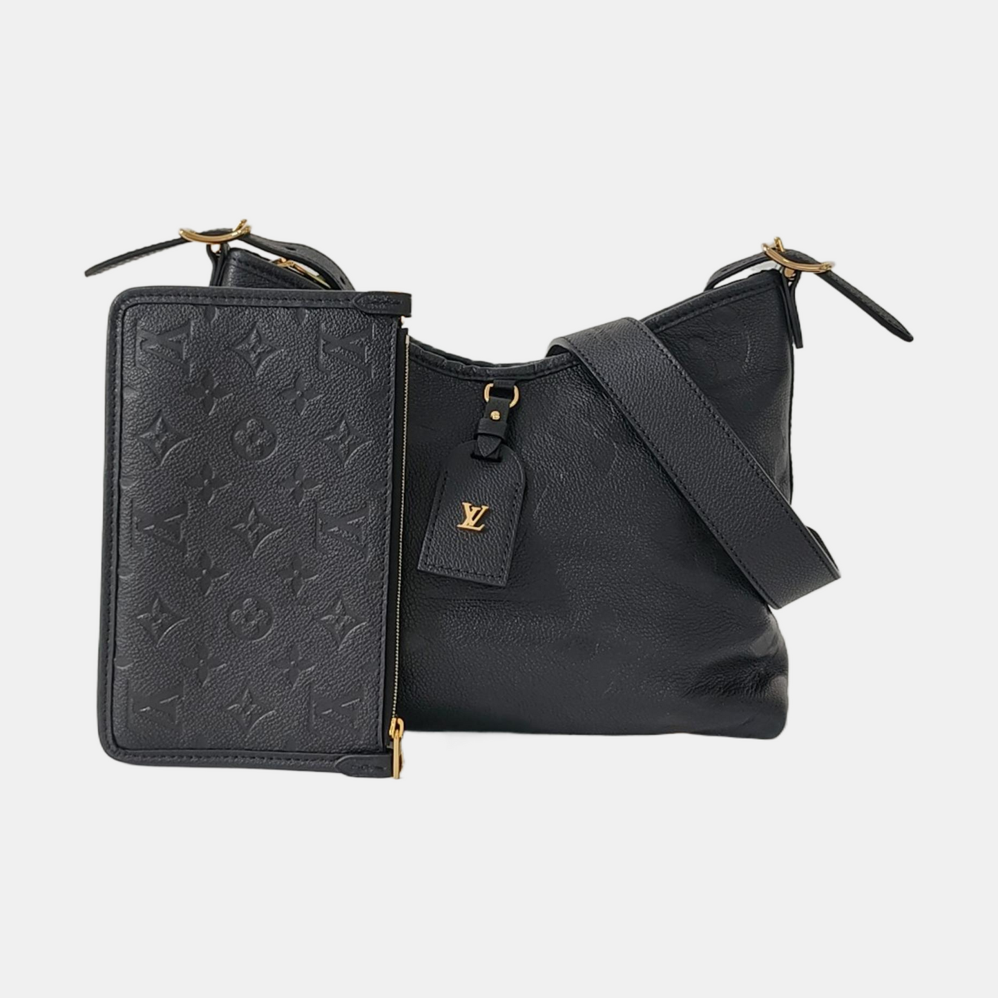 LOUIS VUITTON CARRYALL Small Black Leather Monogram Damier Ebene Black Shoulder Bag Tote Bag with Gold Hardware and Detachable Shoulder Strap-(SKU)-966661333