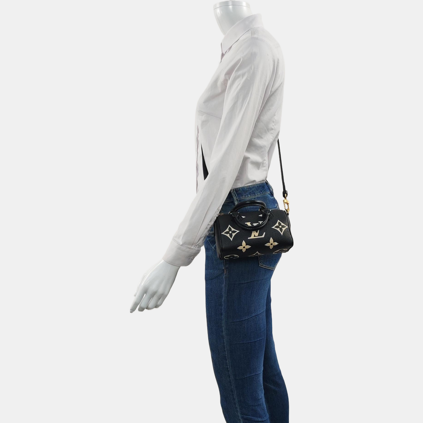 LOUIS VUITTON SPEEDY Nano Black Calfskin Monogram Embossed Boston Bag Shoulder Bag Tote Bag Crossbody Bag Gold Hardware Removable Strap-(SKU)-966570121