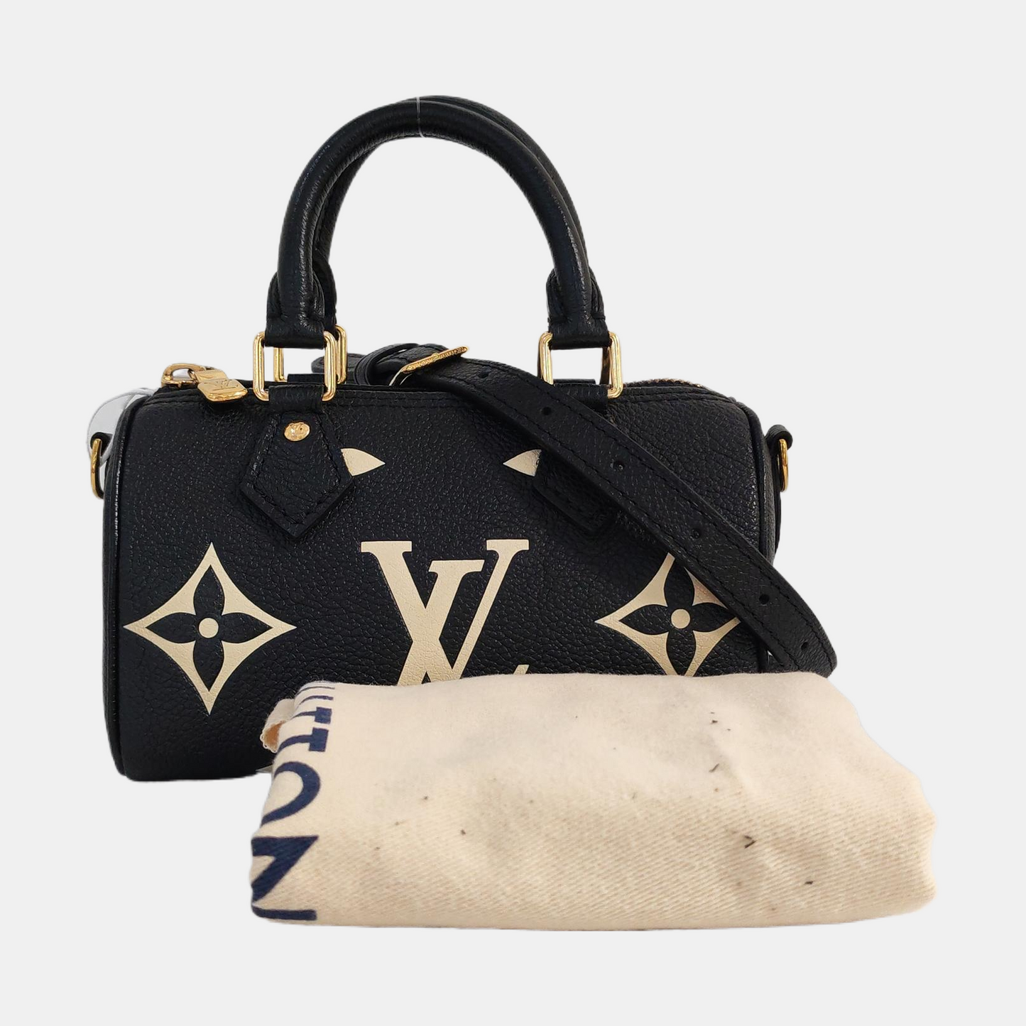 LOUIS VUITTON SPEEDY Nano Black Calfskin Monogram Embossed Boston Bag Shoulder Bag Tote Bag Crossbody Bag Gold Hardware Removable Strap-(SKU)-966570121