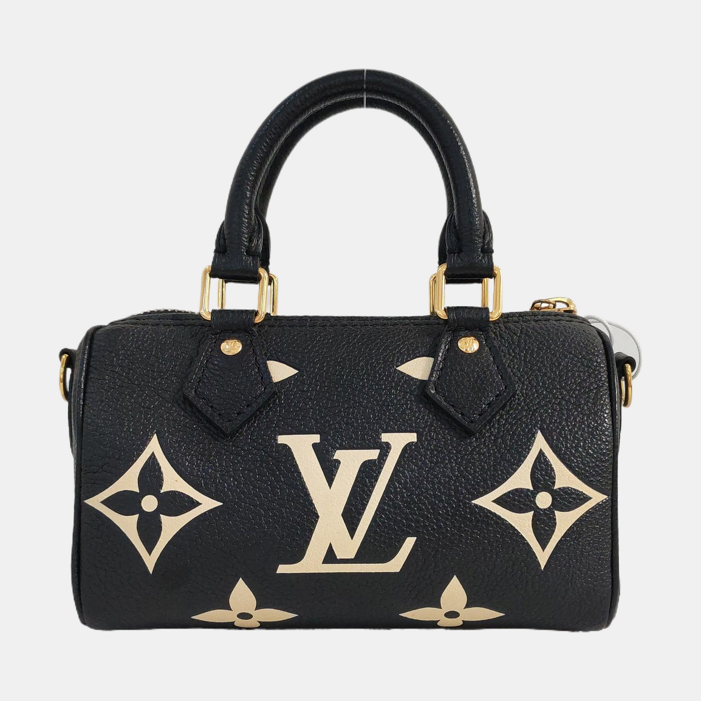 LOUIS VUITTON SPEEDY Nano Black Calfskin Monogram Embossed Boston Bag Shoulder Bag Tote Bag Crossbody Bag Gold Hardware Removable Strap-(SKU)-966570121
