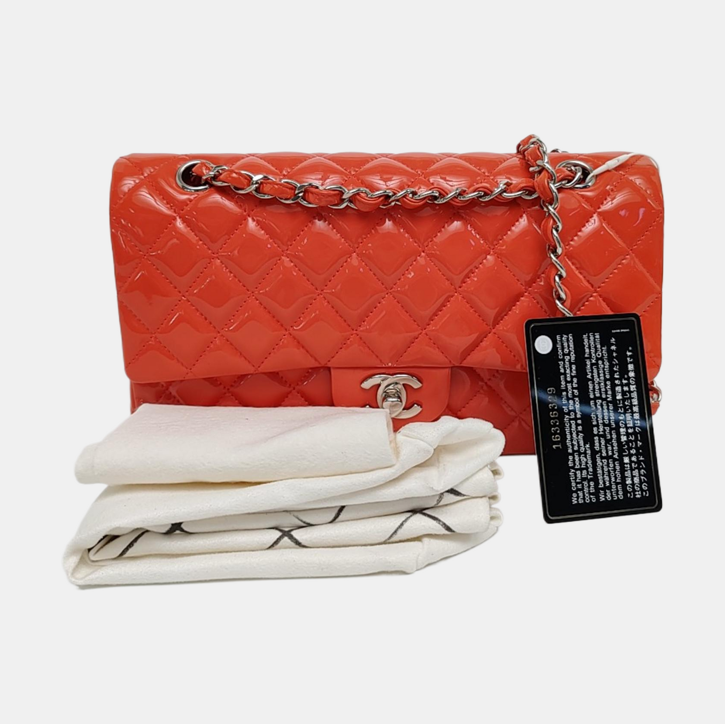 CHANEL CLASSIC FLAP Medium Orange Patent Leather Quilted Shoulder Bag Crossbody Bag Silver Hardware 16 Clasp-(SKU)-966701746