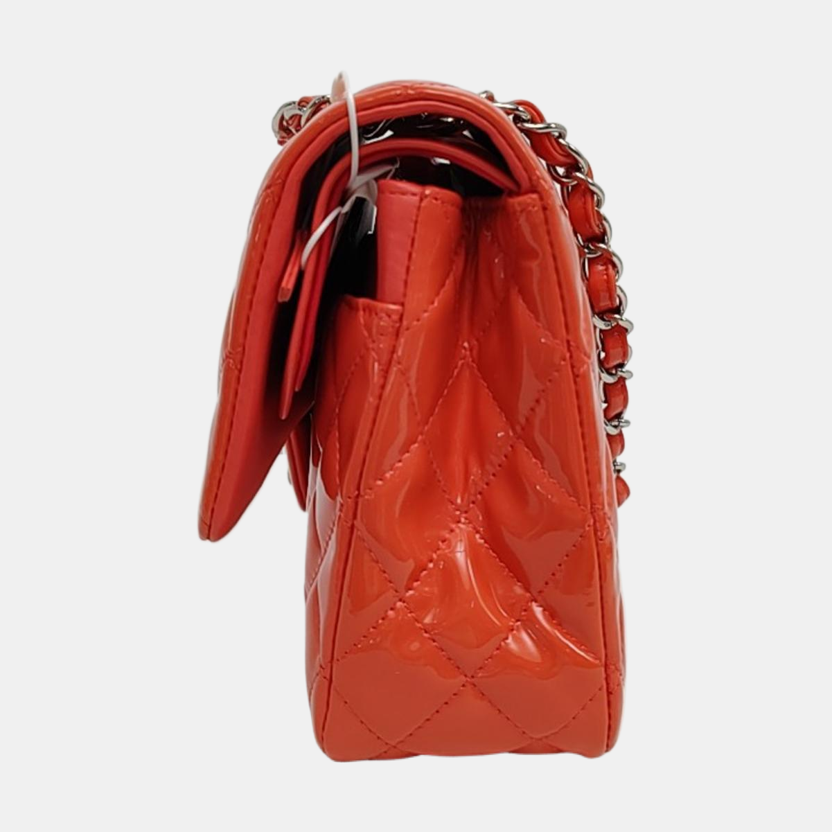 CHANEL CLASSIC FLAP Medium Orange Patent Leather Quilted Shoulder Bag Crossbody Bag Silver Hardware 16 Clasp-(SKU)-966701746