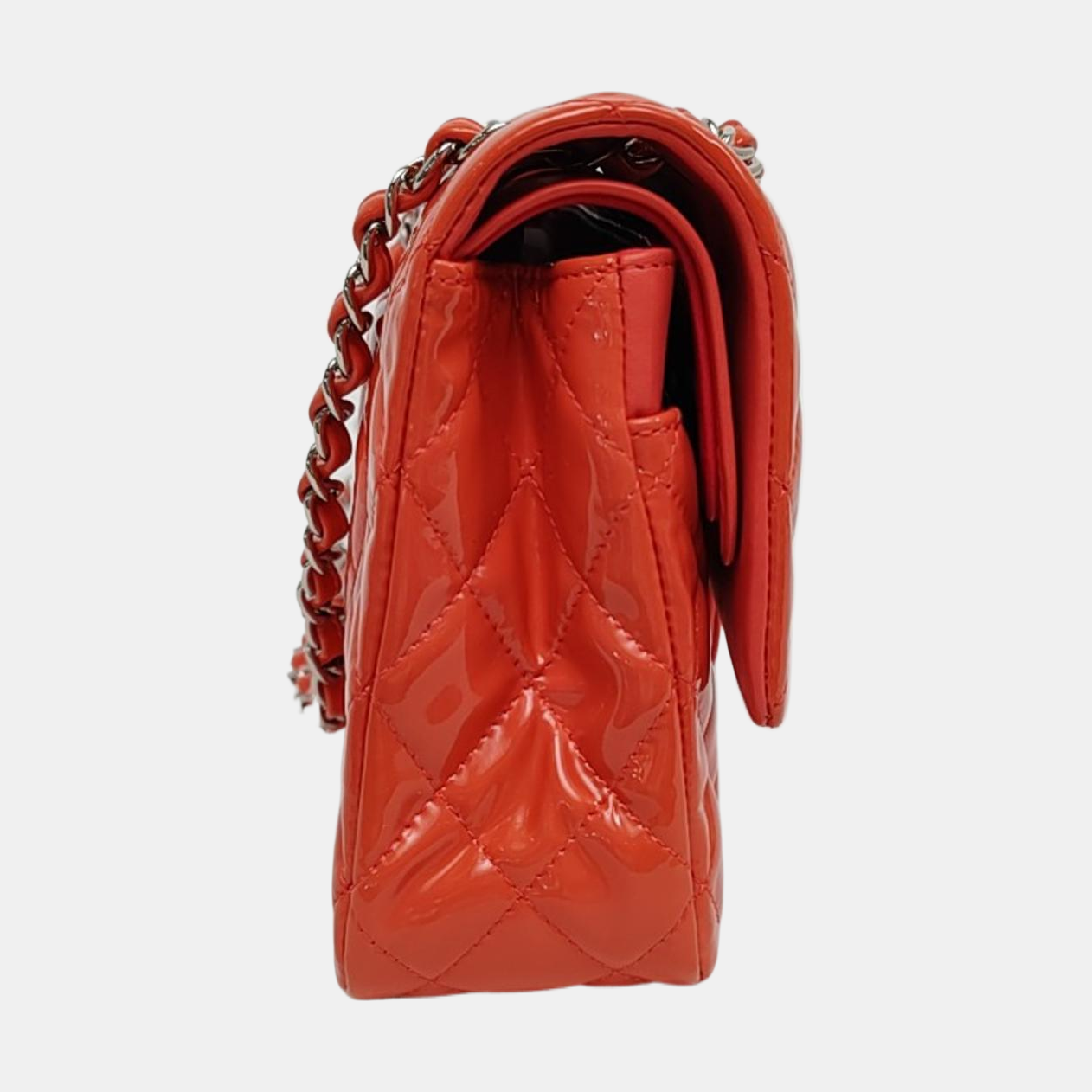 CHANEL CLASSIC FLAP Medium Orange Patent Leather Quilted Shoulder Bag Crossbody Bag Silver Hardware 16 Clasp-(SKU)-966701746