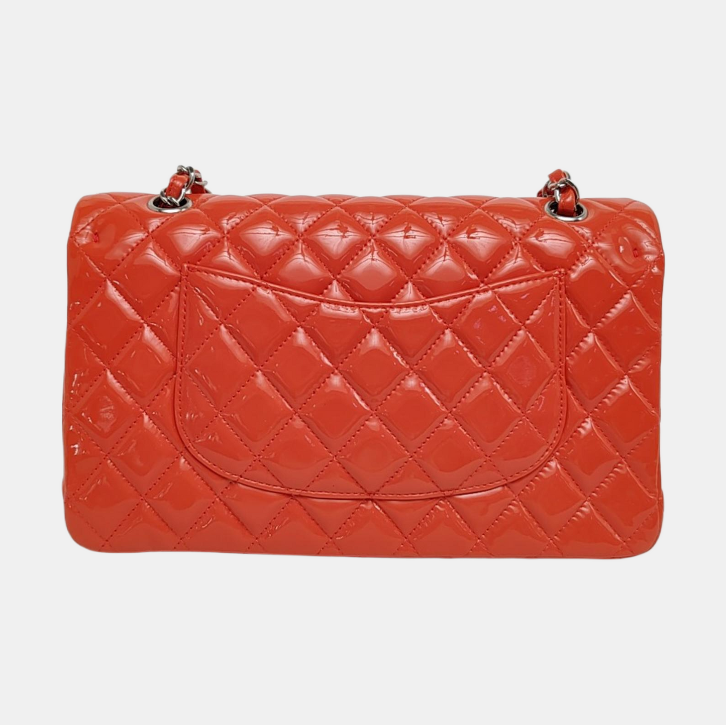 CHANEL CLASSIC FLAP Medium Orange Patent Leather Quilted Shoulder Bag Crossbody Bag Silver Hardware 16 Clasp-(SKU)-966701746