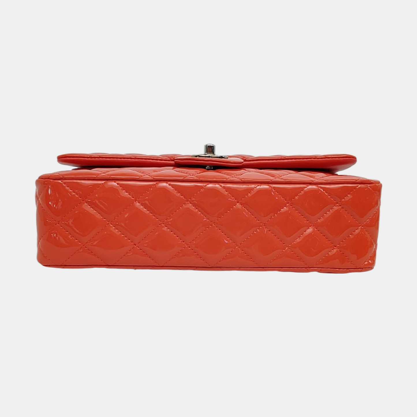 CHANEL CLASSIC FLAP Medium Orange Patent Leather Quilted Shoulder Bag Crossbody Bag Silver Hardware 16 Clasp-(SKU)-966701746