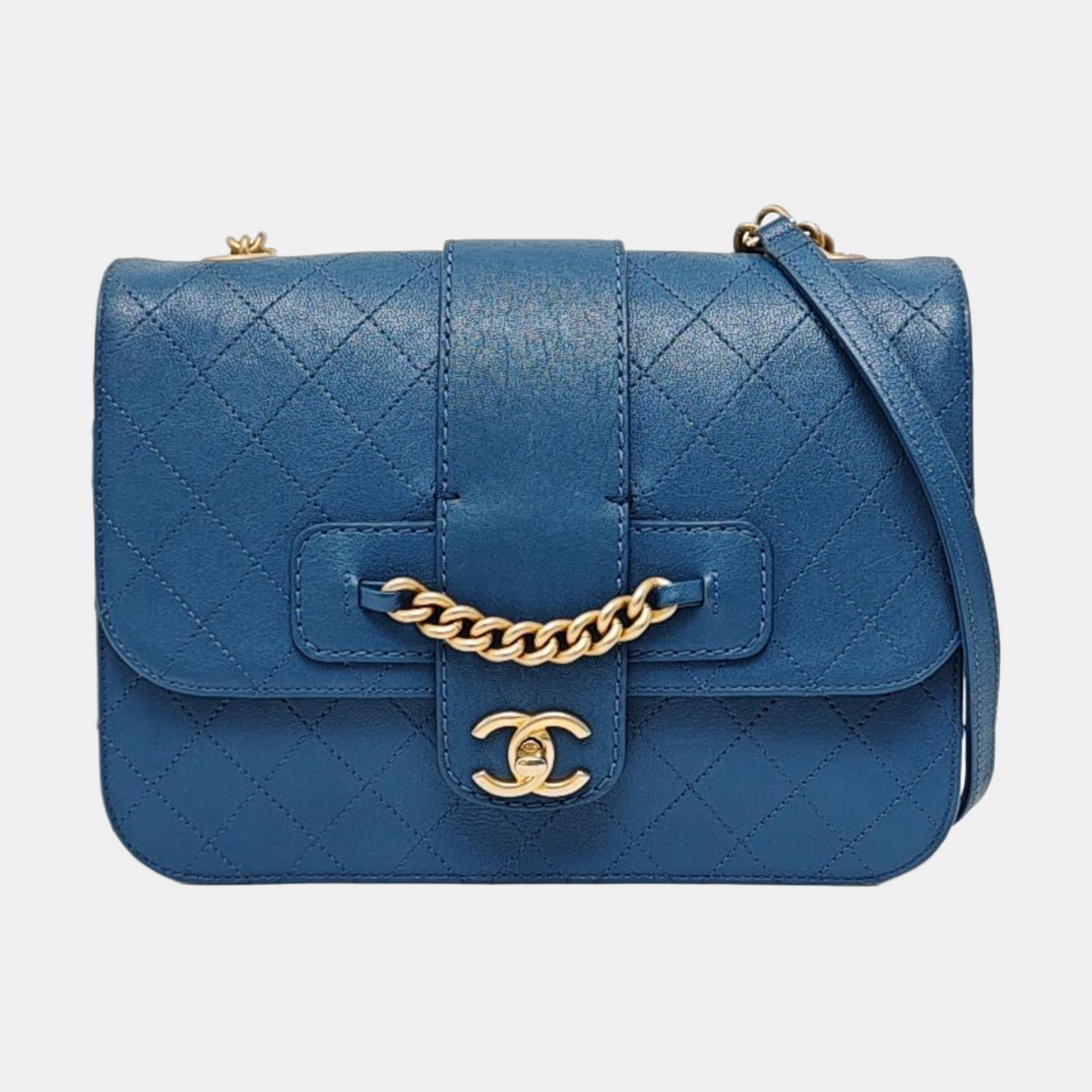 CHANEL FRONT CHAIN FLAP BAG Blue Lamb Skin Quilted Shoulder Bag with Chain Strap, Gold Hardware, 24 Flap-(SKU)-966738258