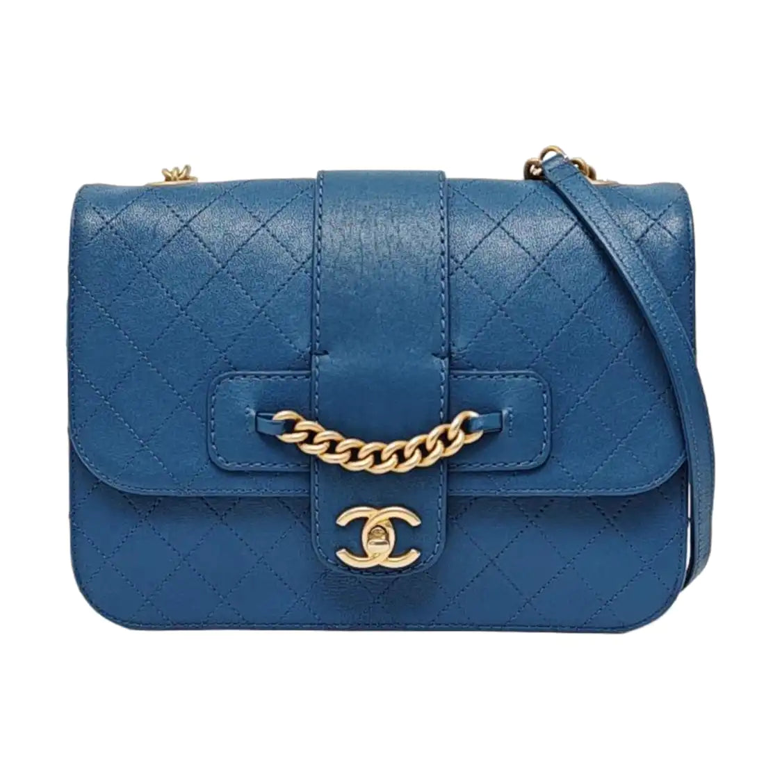 CHANEL FRONT CHAIN FLAP BAG Blue Lamb Skin Quilted Shoulder Bag with Chain Strap, Gold Hardware, 24 Flap-(SKU)-966738258