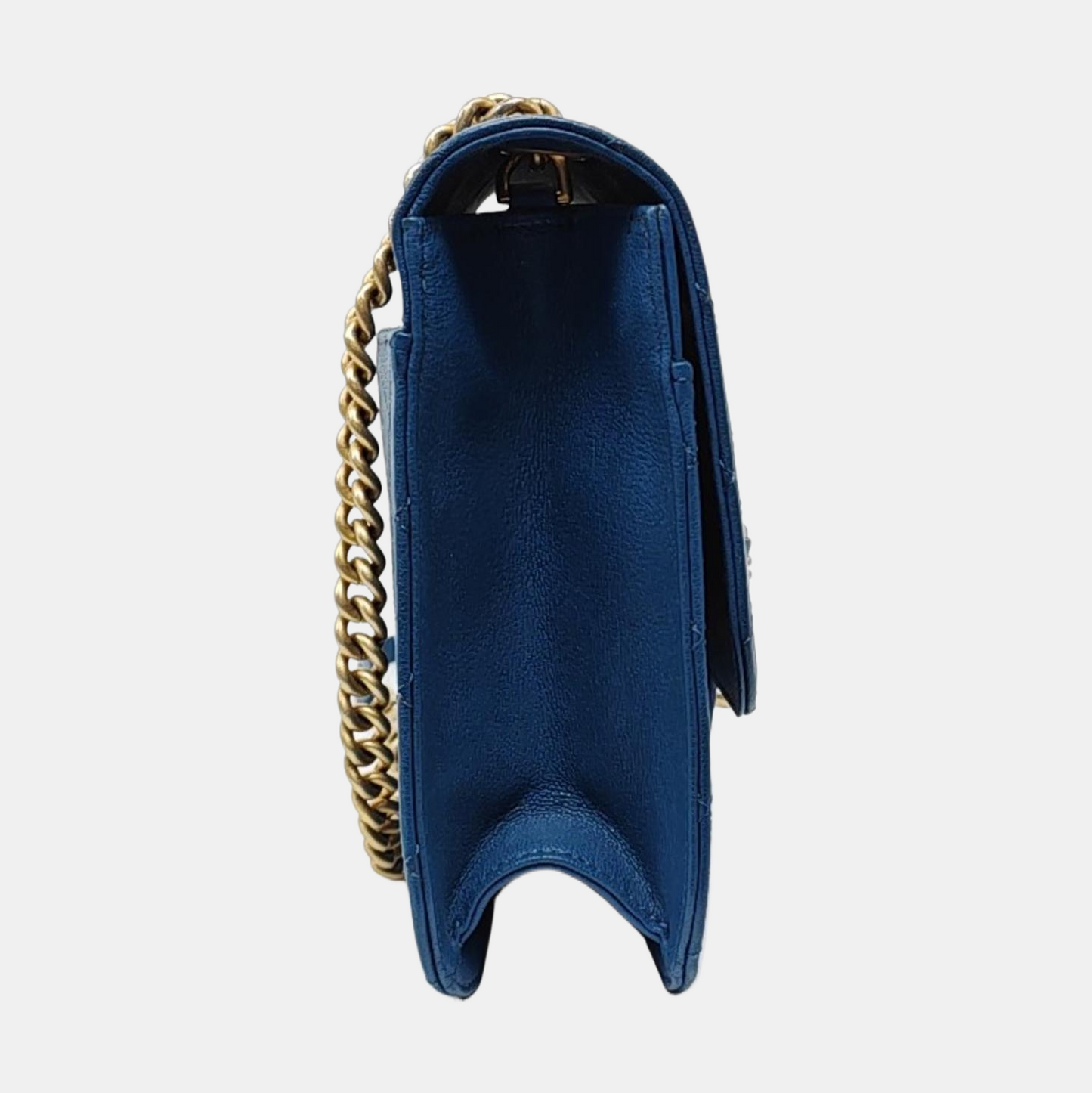 CHANEL FRONT CHAIN FLAP BAG Blue Lamb Skin Quilted Shoulder Bag with Chain Strap, Gold Hardware, 24 Flap-(SKU)-966738258