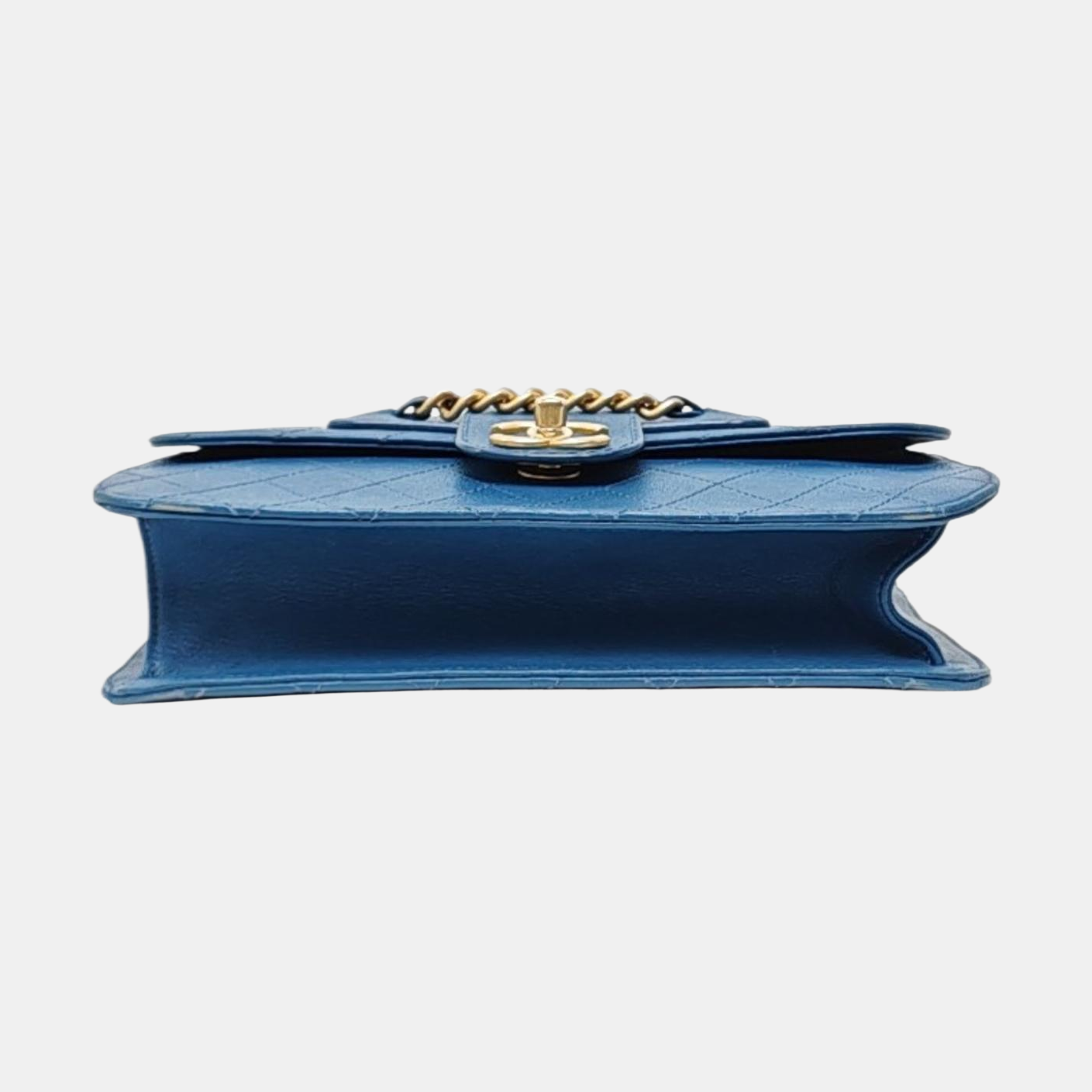 CHANEL FRONT CHAIN FLAP BAG Blue Lamb Skin Quilted Shoulder Bag with Chain Strap, Gold Hardware, 24 Flap-(SKU)-966738258