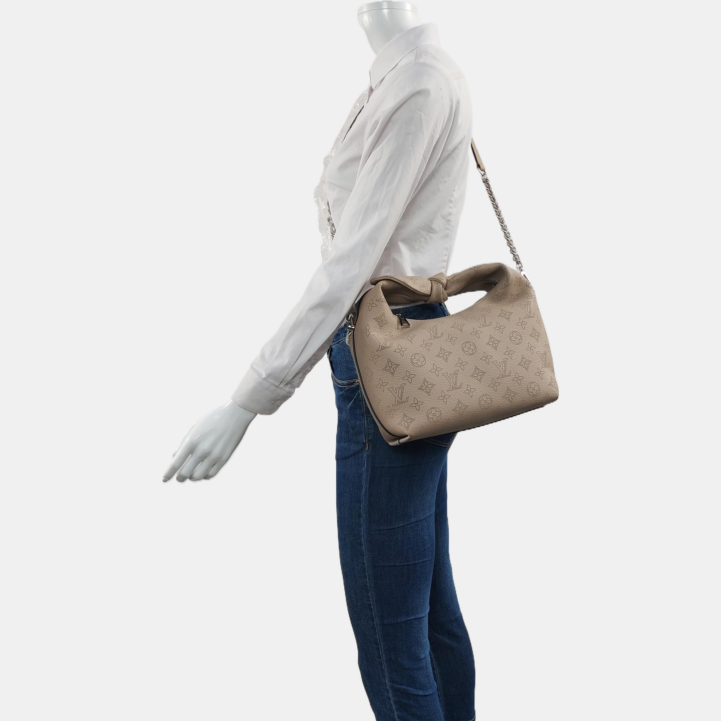 LOUIS VUITTON WHY KNOT Small size grey leather monogram perforated shoulder bag handbag crossbody bag with silver hardware and removable shoulder strap complete accessories-(SKU)-966742188