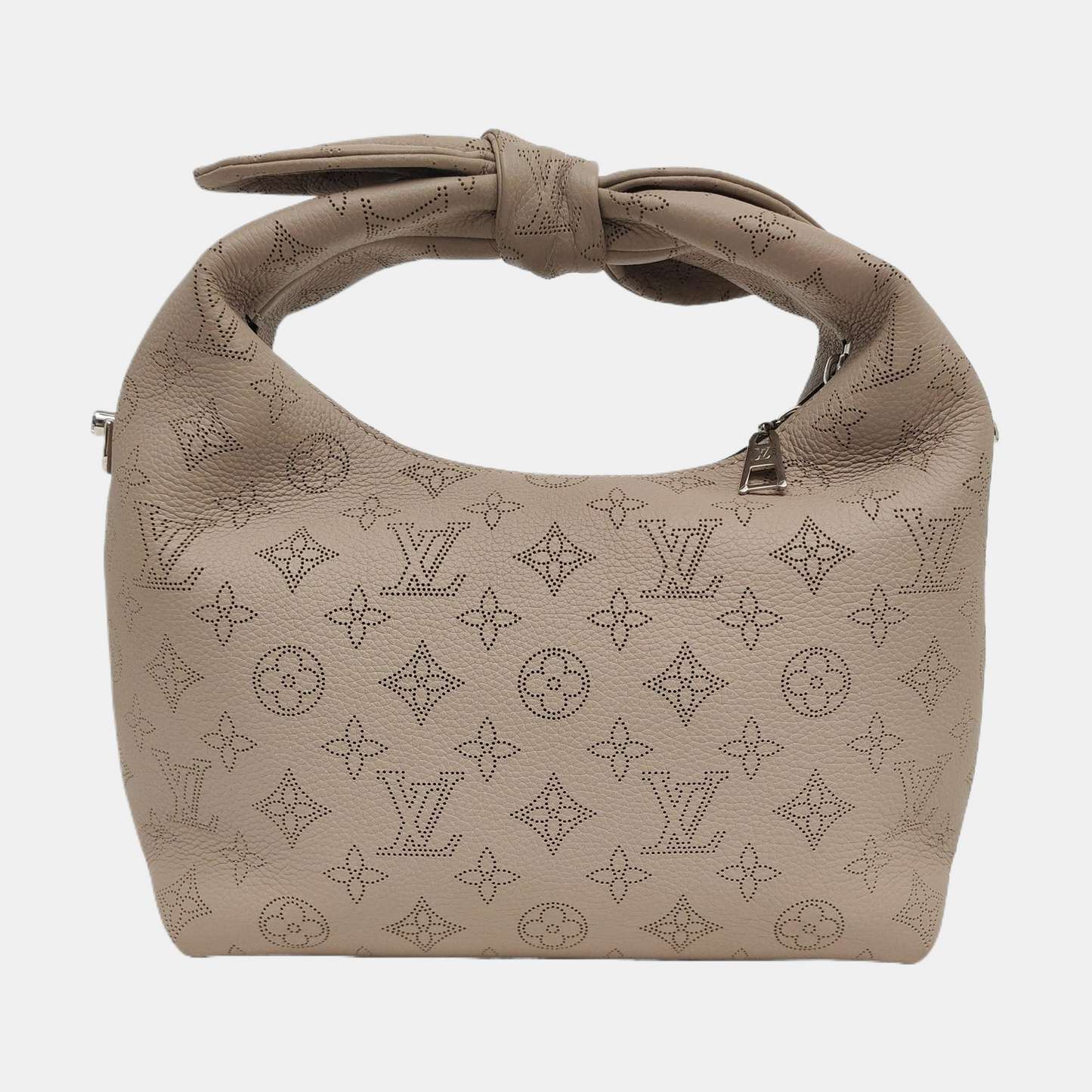 LOUIS VUITTON WHY KNOT Small size grey leather monogram perforated shoulder bag handbag crossbody bag with silver hardware and removable shoulder strap complete accessories-(SKU)-966742188
